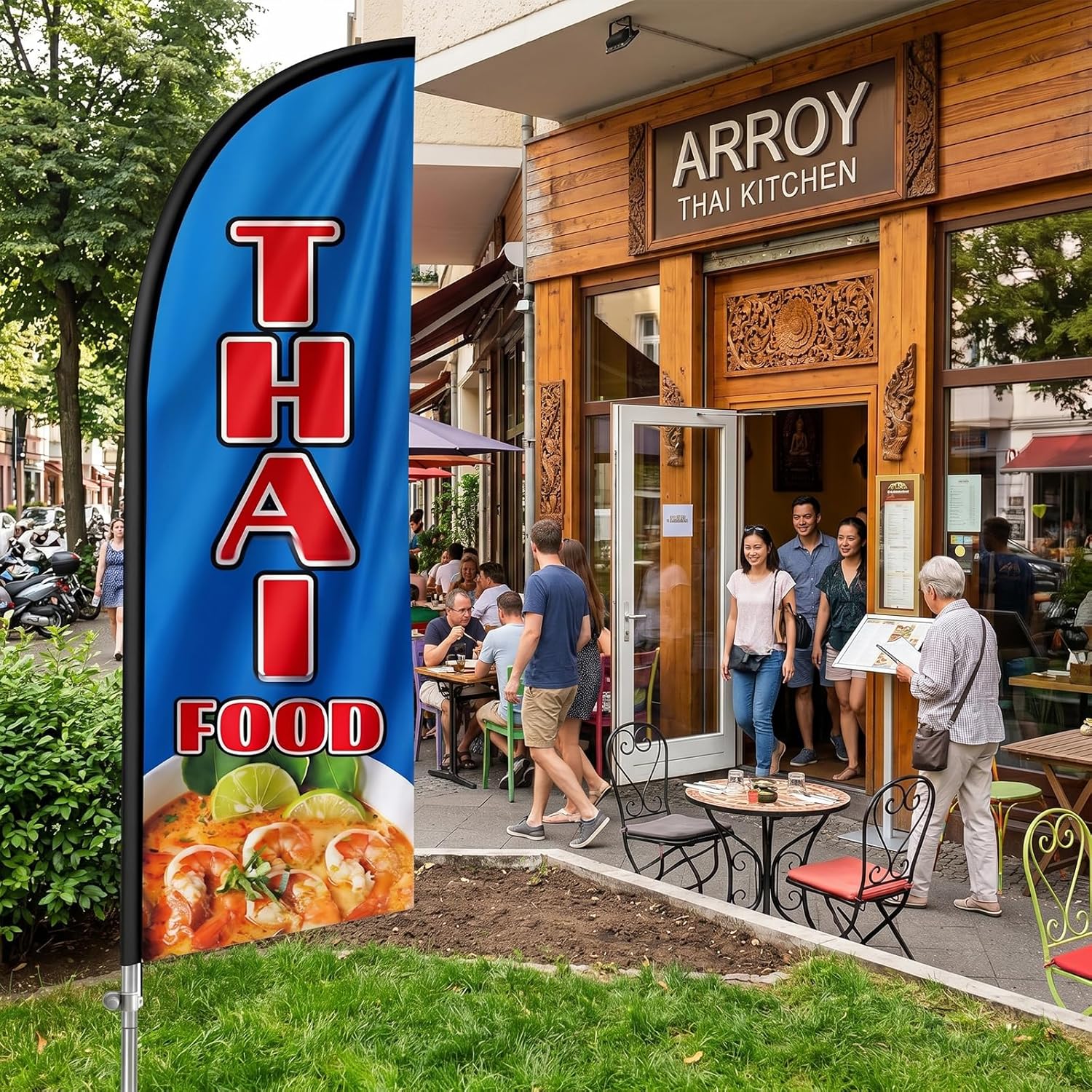 Thai Food Flag, 8FT Feather Banner, Polyester, Stainless Steel, Portable, Multi-color, 22" x 98"