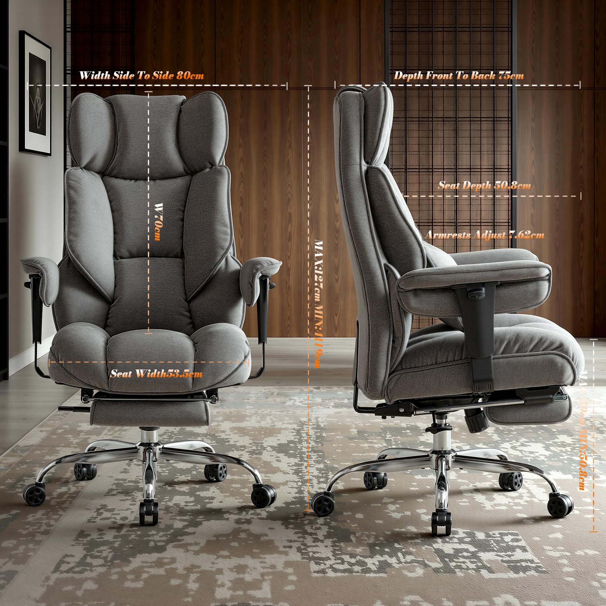 Efomao Chaise de Bureau en Tissu Grande Taille, Fauteuil Ergonomique 200KG, Siège Ordinateur Réglable à Dossier Haut, Chaise Pivotante avec Repose-Pieds et Coussin Lombaire