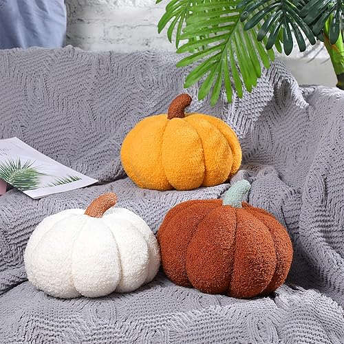 Miniatura 5 de Queekay 2 almohadas de calabaza de felpa de 11 x 9.5 pulgadas, decoración de calabaza rellena de Acción de Gracias para otoño, hogar, dormitorio,