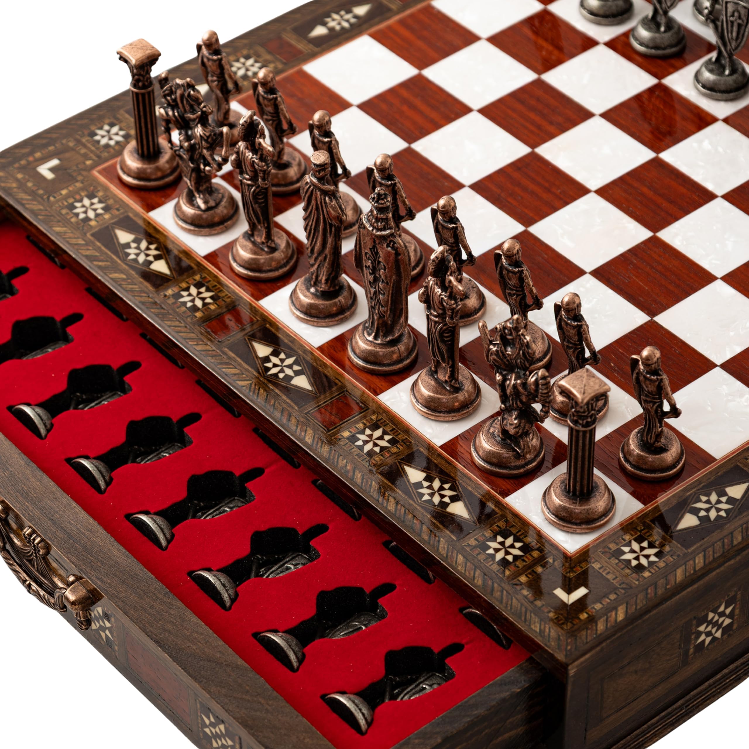 Luxury Wooden Chess Set with Metal British Army Pieces – Handmade Walnut Chess Board with Storage – Decorative Gift for Adults & Father Gift (Rose)