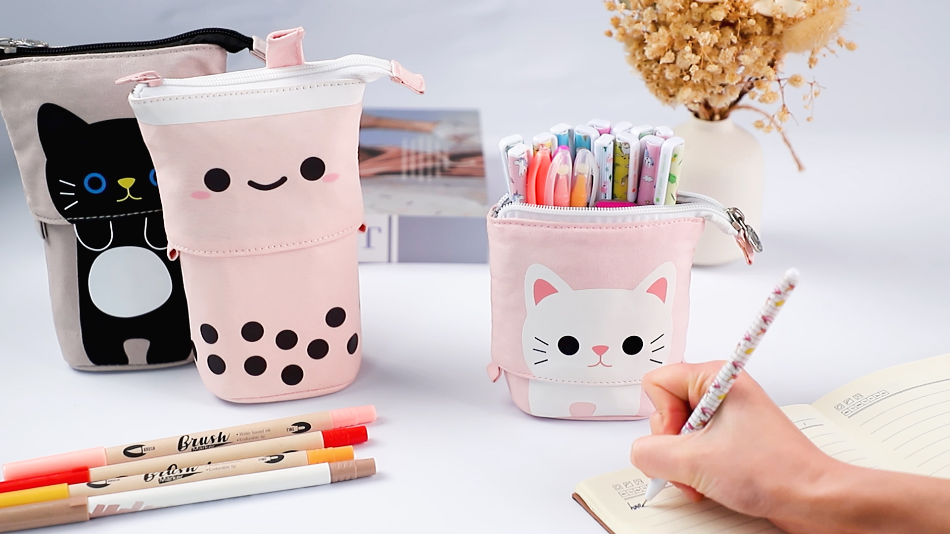 Trousse à Crayons En Cuir Pour Enfants Et Adultes - Format Fin 20,5x7,7 Cm - Motif Fleurs Bleues - Fermeture éclair - Multi-usages
