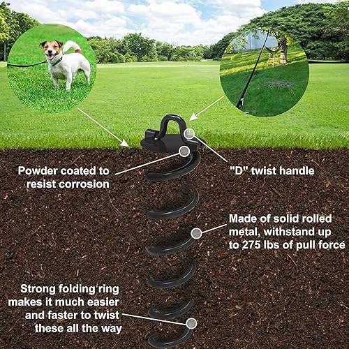 Miniatura 7 de ABCCANOPY Anclaje de suelo en espiral de 16 pulgadas con amarre para perro para columpios de anclaje, tienda de campaña (negro)