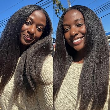 Yaki Straight V Part Wig Afro Kinky Straight Half Wig 180% Density Wear and Go Glueless Synthetic Half Wigs for Black Women, Synthetic No Leave out Clip in Black, 18 Inch