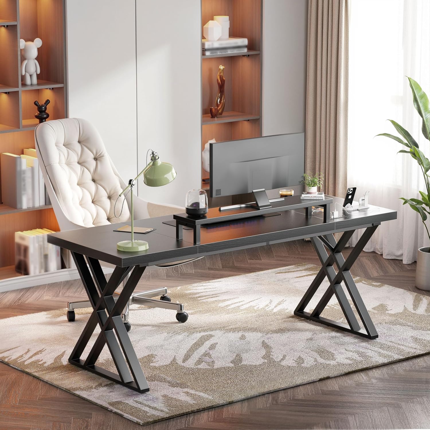 70.8 Inch Large Computer Desk with Power Outlet & LED Lights,Modern Home Office Desk with Ergonomic Monitor Stand,Extra Long Executive Office Writing Desk for Gaming, Work, Study, Black