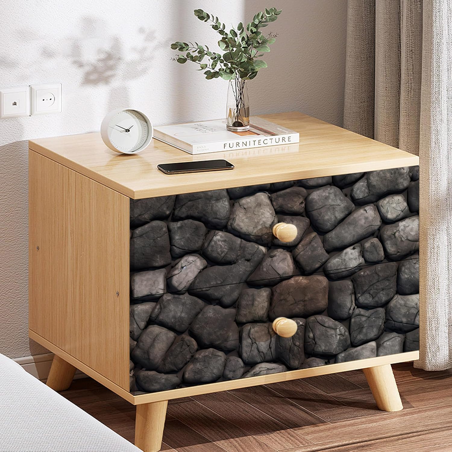 Black Stone Contact Paper,Peel and Stick Wallpaper Realistic Stone Self-Adhesive Removable Wallpaper,Farmhouse Backsplash Decorative Contact Paper for Walls Furniture Covering Vinyl Rolls 17.7"x394"