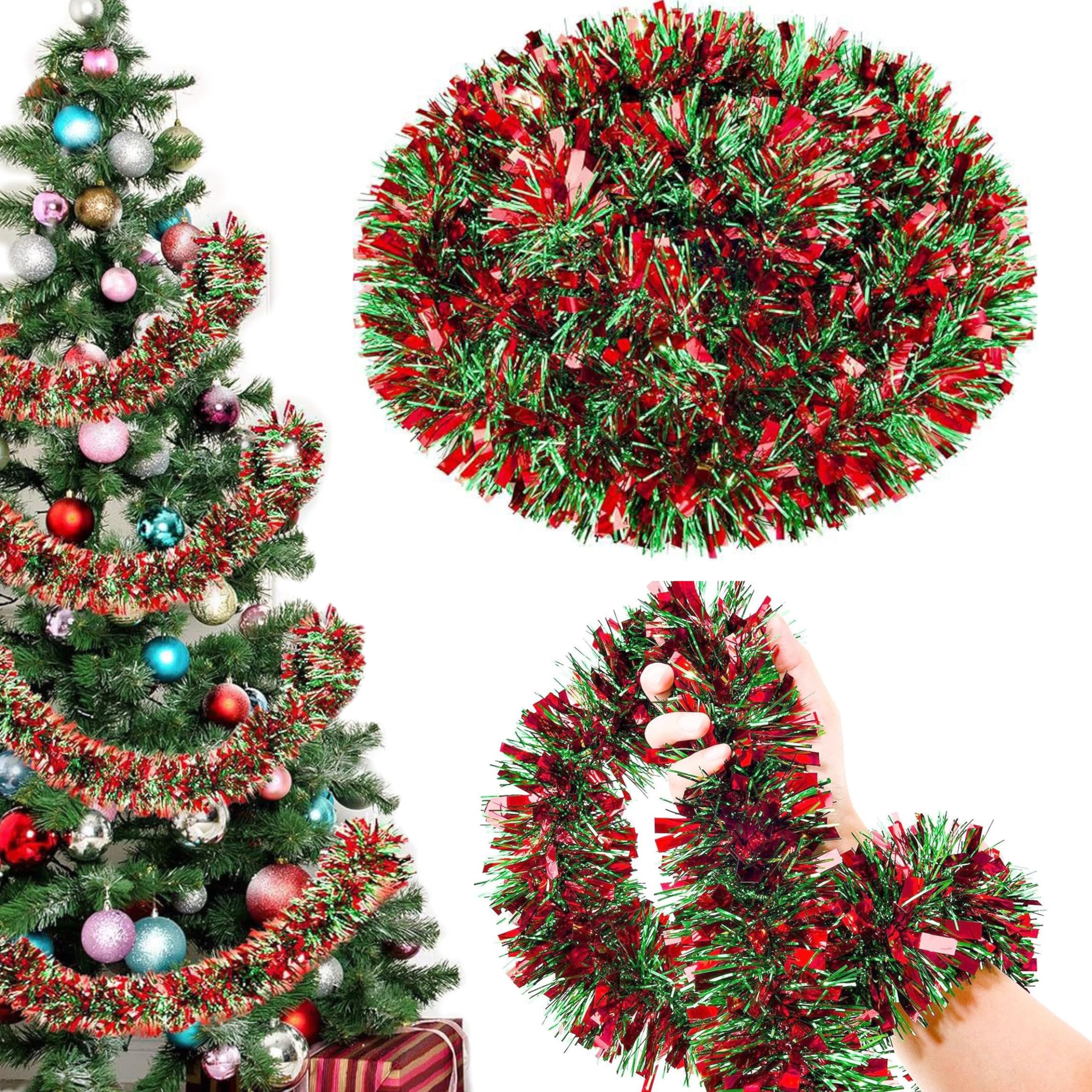 Solihigh 39.4 Feet Christmas Tinsel Garland, Metallic Christmas Tree Hanging Decorations Red and Green Tinsel Xmas Decoration for Indoor and Outdoor Decor Supplies