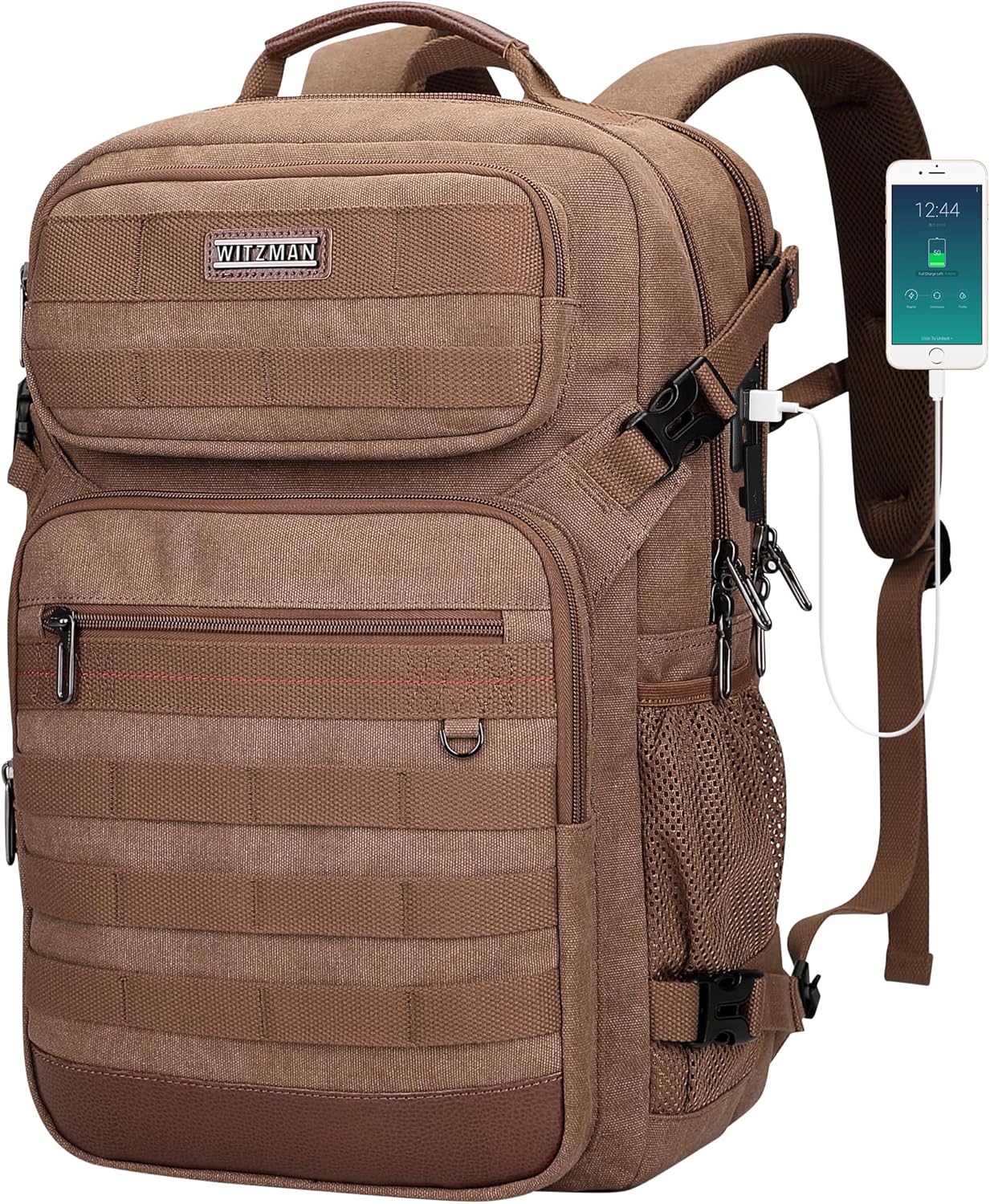 WITZMAN Canvas Travel Backpack for Men Multiple Pockets Fit 16 inch Laptop Backpack Carry-on Airline Approved(A8025 Brown)