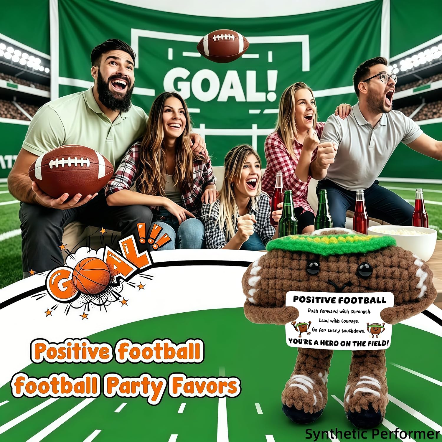 Positive Football Emotional Support - Positive Crochet Football with Inspirational Card, Sports Balls Ornament for Birthday Christmas Halloween, Encouragement Gift for Women Men