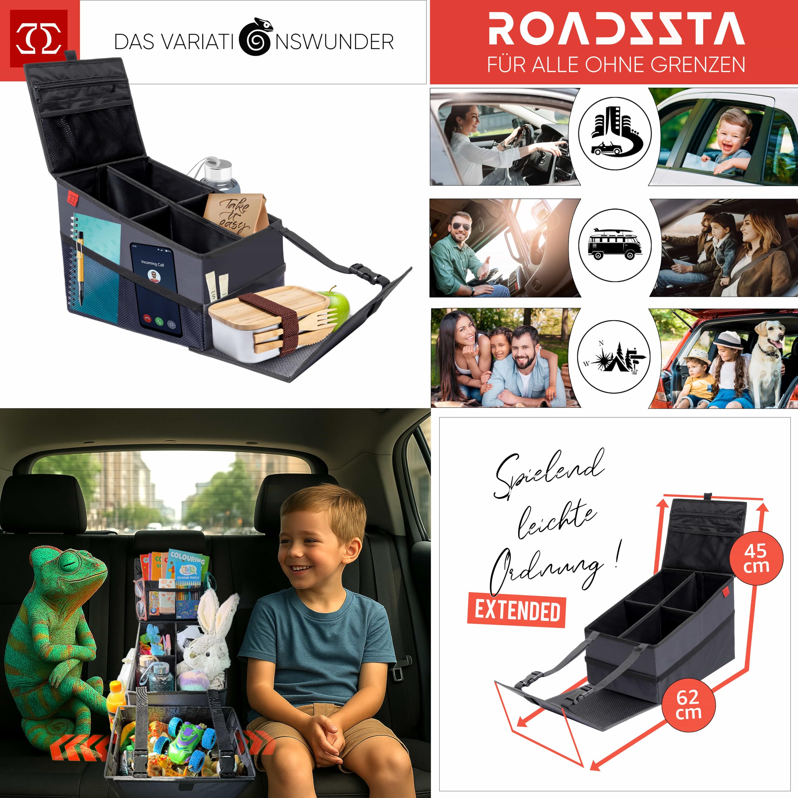 ESSENZZ ROADSSTA - Organizador para asiento trasero de coche 3 en 1 para niños con función de mesa de viaje y soporte para bebidas, asiento del copiloto y maletero