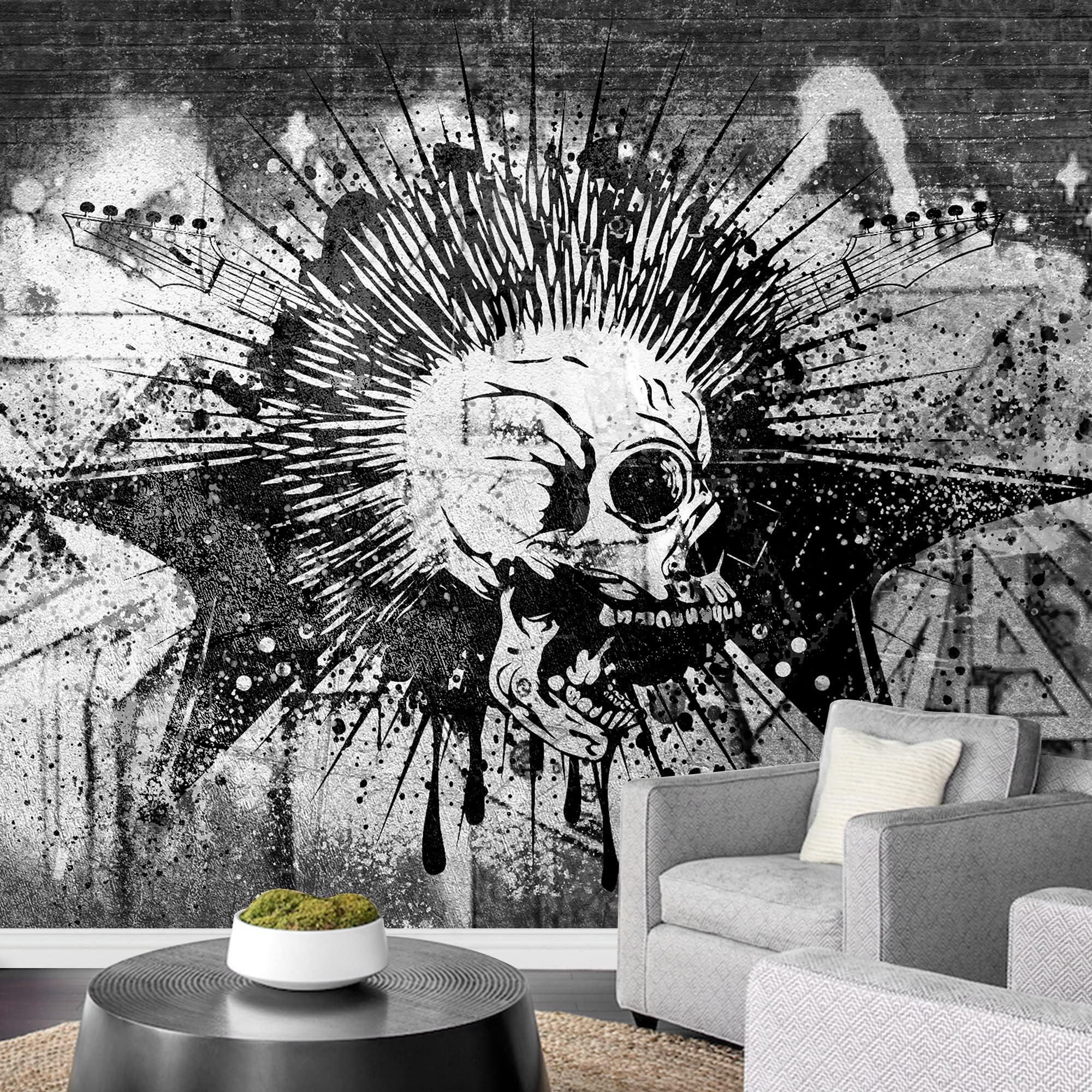 wall26 Removable Wall Sticker/Wall Mural Grunge Spray Paint Punk Rock Skull Graffiti & Street Art Cityscape Digital Art Realism Decorative Urban Edgy for Living Room, Bedroom, Office - 100x144 inches