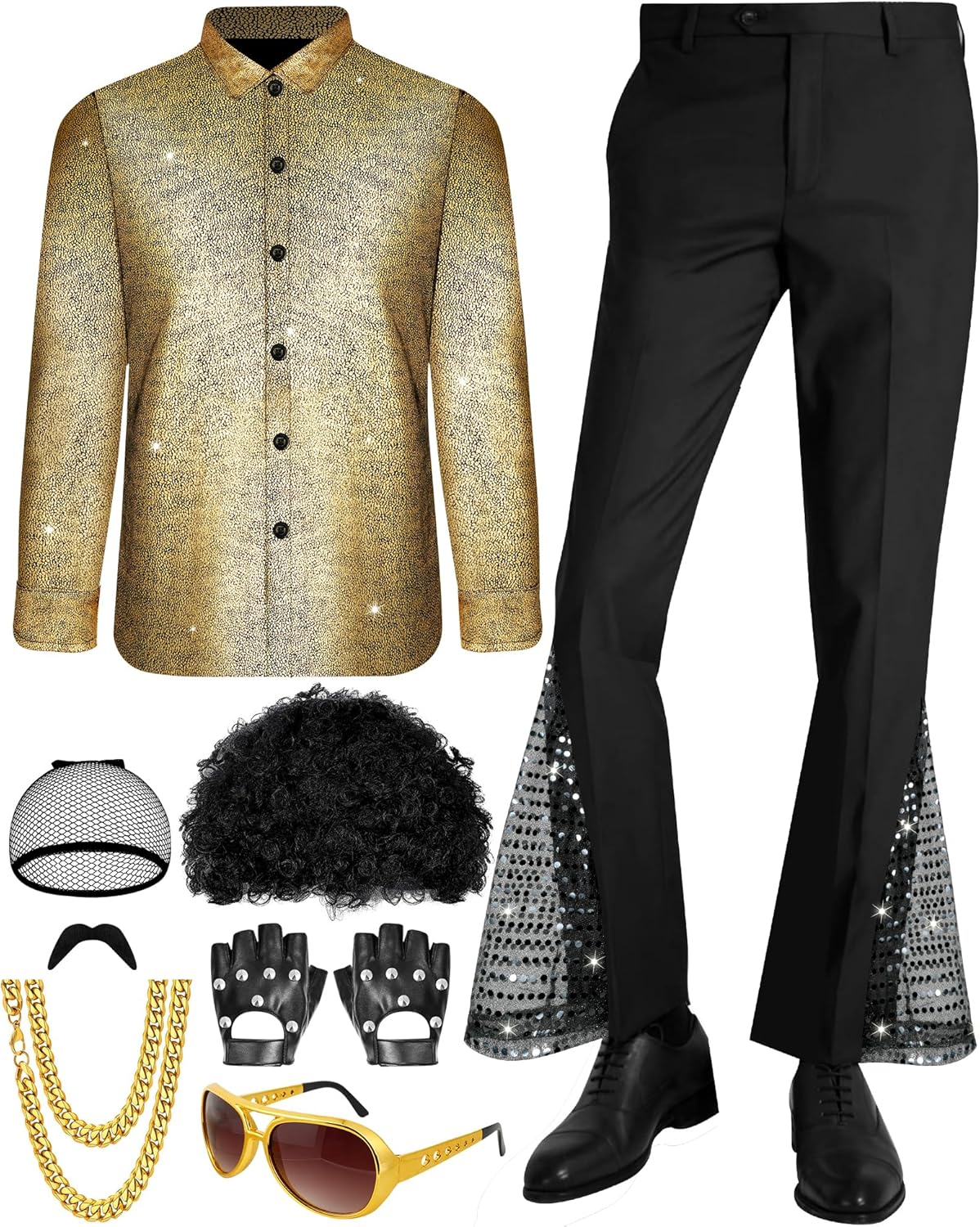 8 Pcs Disco Outfit Men 70s Costume with Retro Sequin Shirt and 80s Bell Bottom Pants, Men's Disco Outfit for Halloween