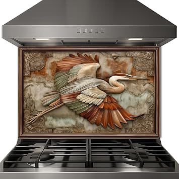 Mythog Tempered Glass Kitchen Backsplash - 3D Visual Effect Flying Heron Bird & Marble Texture Background, UV Printed Modern Backsplash Panel | Heat Resistant, Easy to Install, Custom Size