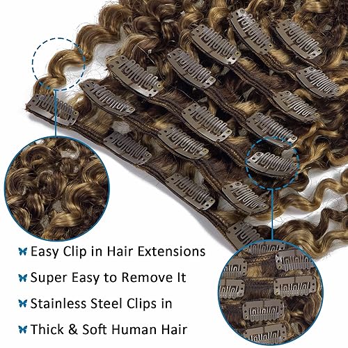 Miniatura 5 de Caliee Extensiones de cabello humano rizado Jerry de 14 pulgadas de dos tonos, color marrón oscuro #4 con color rubio fresa #27, 3B 3C, doble trama