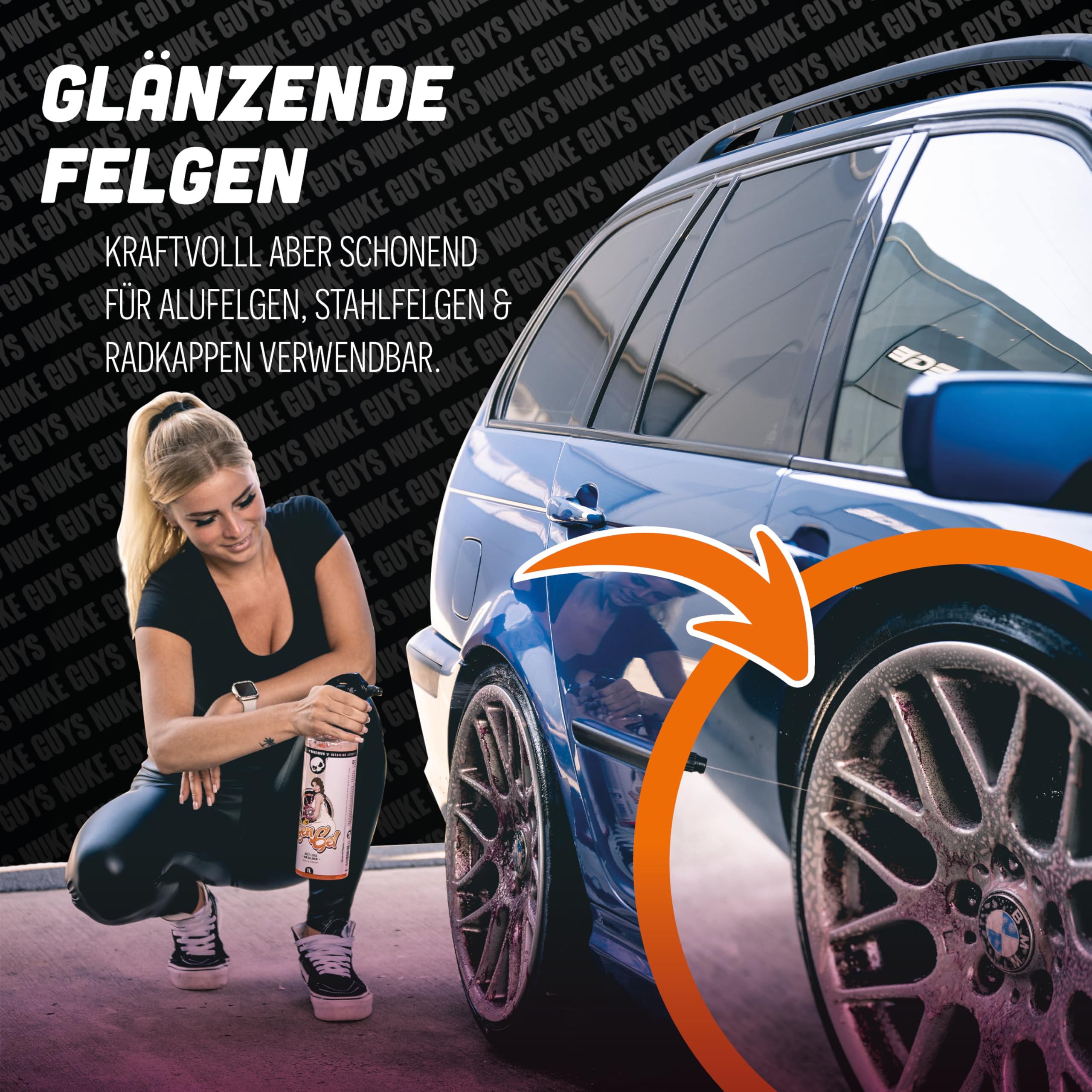 Nuke Guys Felgen Reinigungsset | Felgenreiniger 1l mit Wirkindikator + Mikrofaser Felgenbürste + Ersatzbezug + Felgenpinsel + Felgenhandschuh + Trockentuch | Auto Felgen Reinigung Set