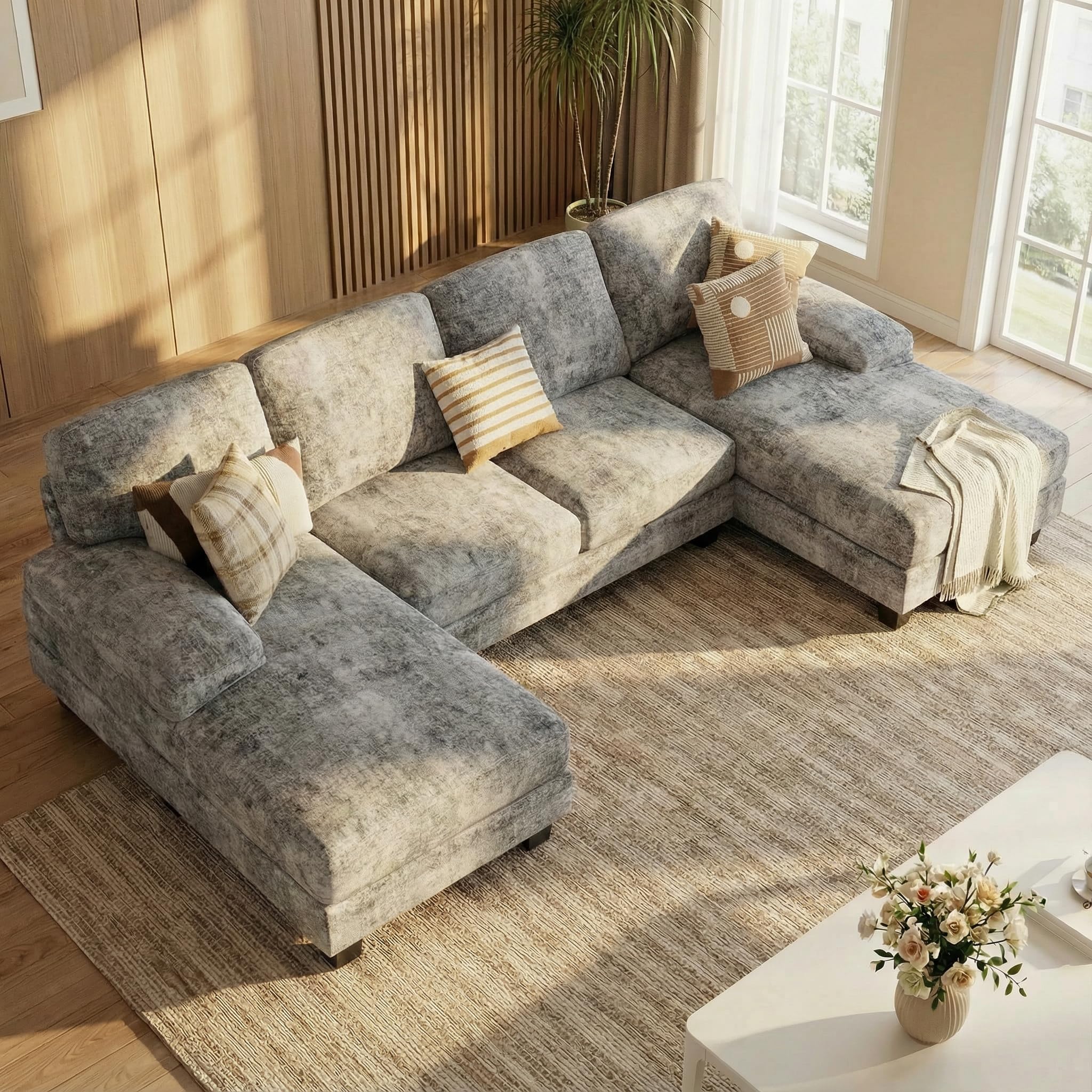 Homall Modular Sectional U Shaped Sofa Couches for Living Room Comfy Chenille 4 Seat Sofa Set with Removable