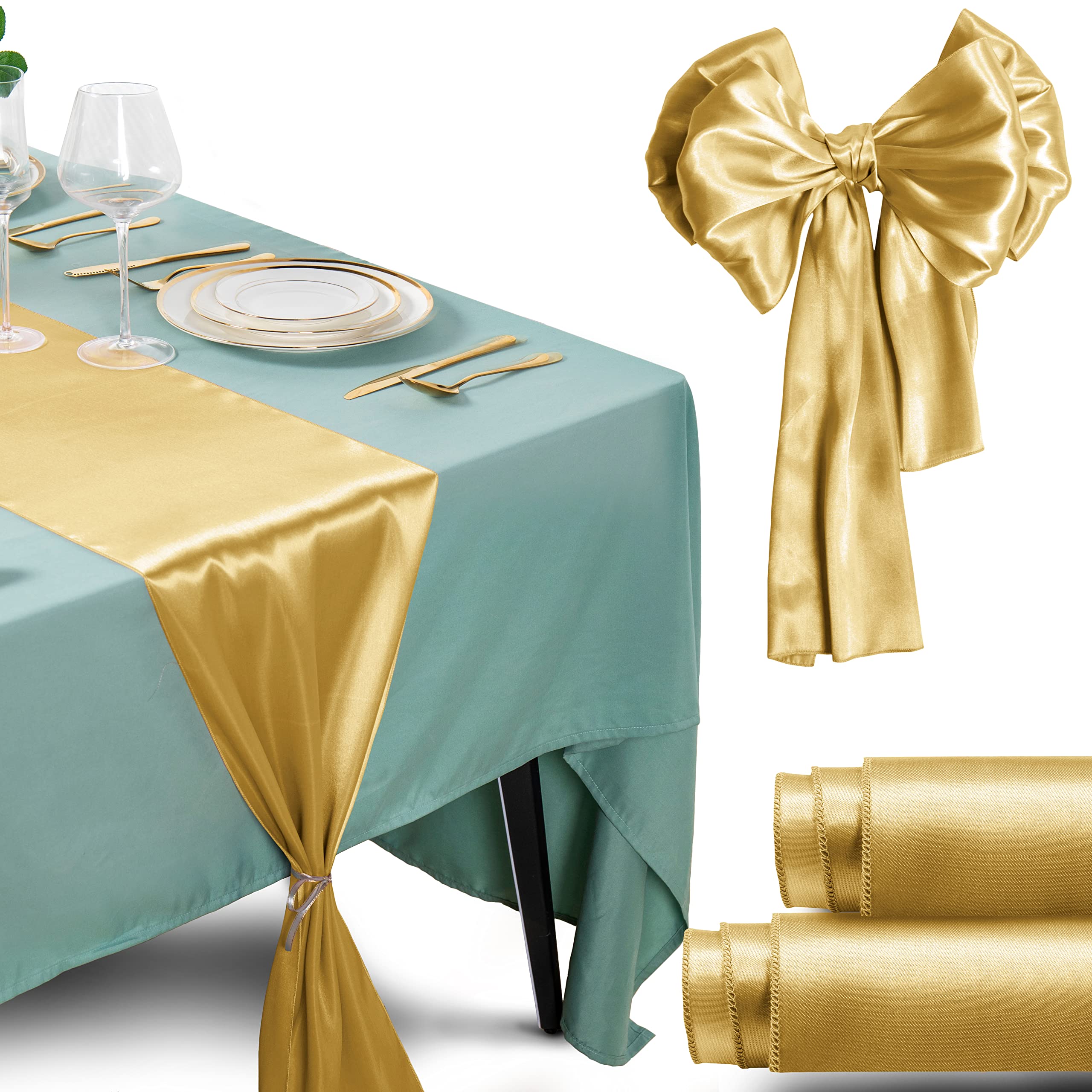 Homiest 4 Pack Satin Table Runners Gold Table Decor, Bright Wedding Table Runner 12 x 108 Inches Long Table Decorations, Silky Birthday Party Table Runner for Reception Engagement Graduation Banquet
