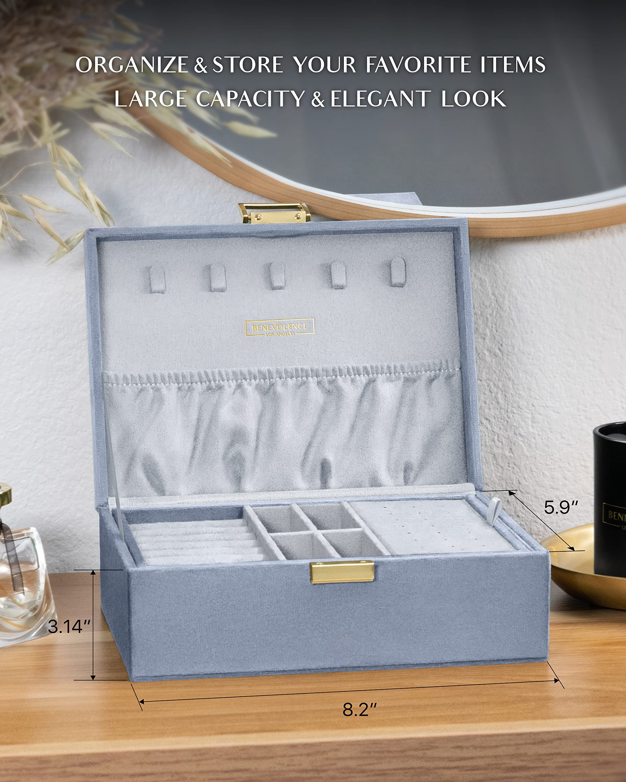 Benevolence LA 2 Layer Jewelry Box for Women, Large Velvet Jewelry Organizer with Decorative Lock, Removable Jewelry Tray, Earrings, Bracelets, Rings and Necklace Storage Box - Emerald