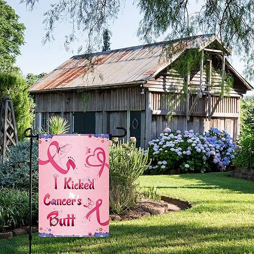 Miniatura 4 de MELTELOT Bandera de jardín con texto en inglés "I Kicked Cancer's Buter's Butcker, decoración del hogar con temática de sobreviviente al cáncer,