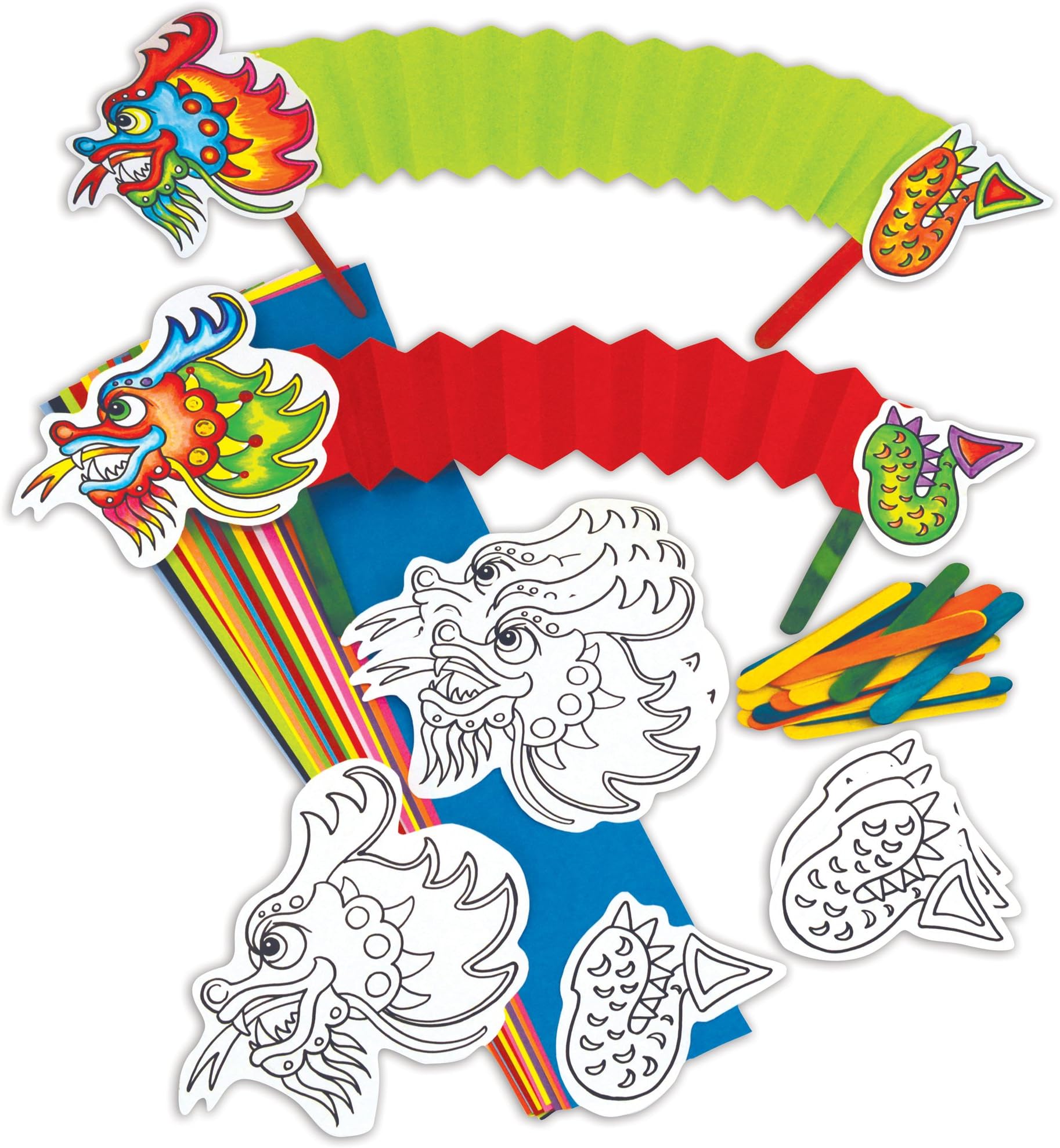 Springboard Chinese New Year Concertina Dragon Puppets - DIY Arts and Crafts for Kids w/ Chinese Dragon Stick Puppets - Kids Activity Packs - KS1 & KS2 Resources - 22 cm - 30-Pack- Assorted