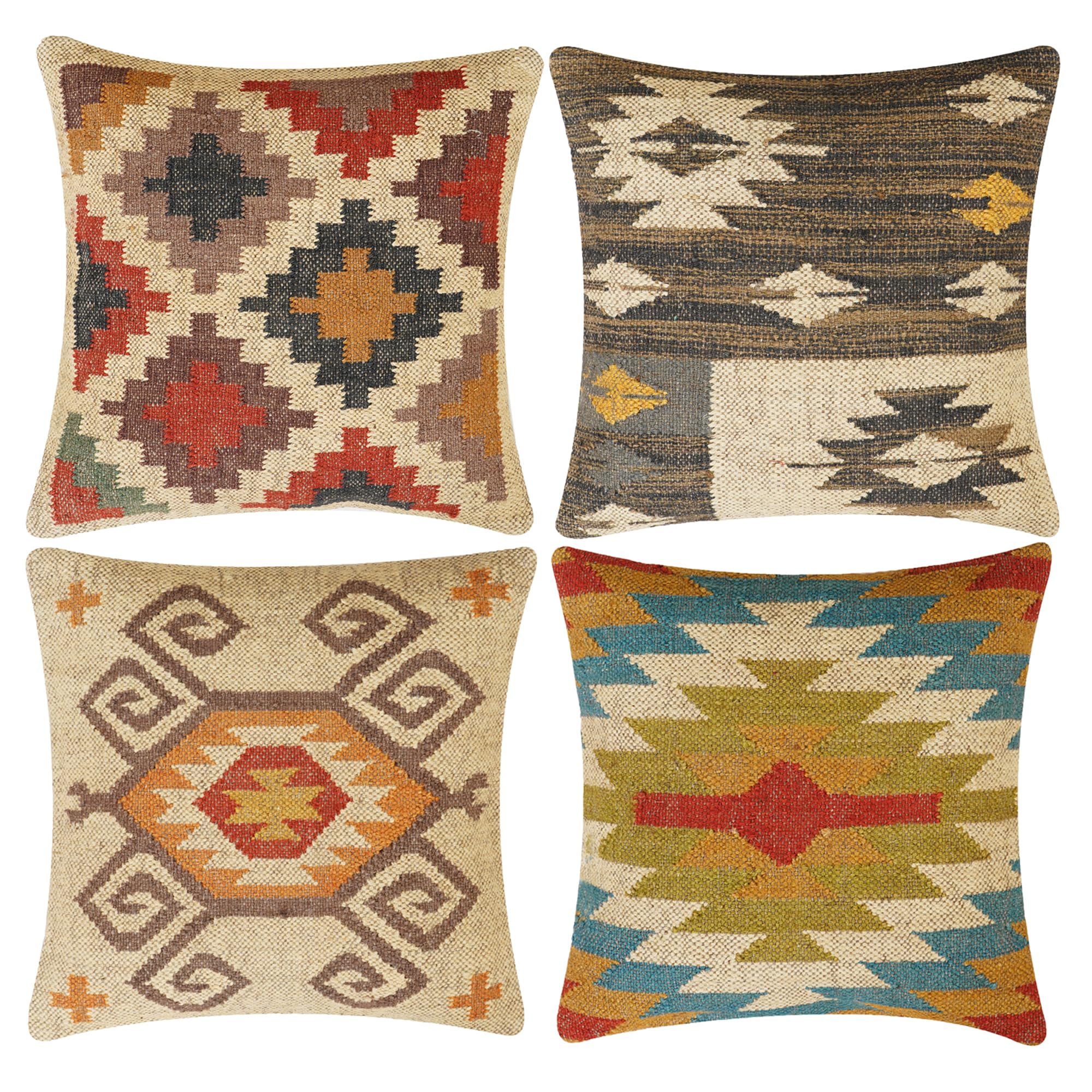 INDACORIFY, Juego de 4 Uds. De Funda de cojín Kilim de Yute de Lana, Funda de Almohada turca Tejida a Mano Vintage, Funda Decorativa para decoración del hogar (Estilo- 05)