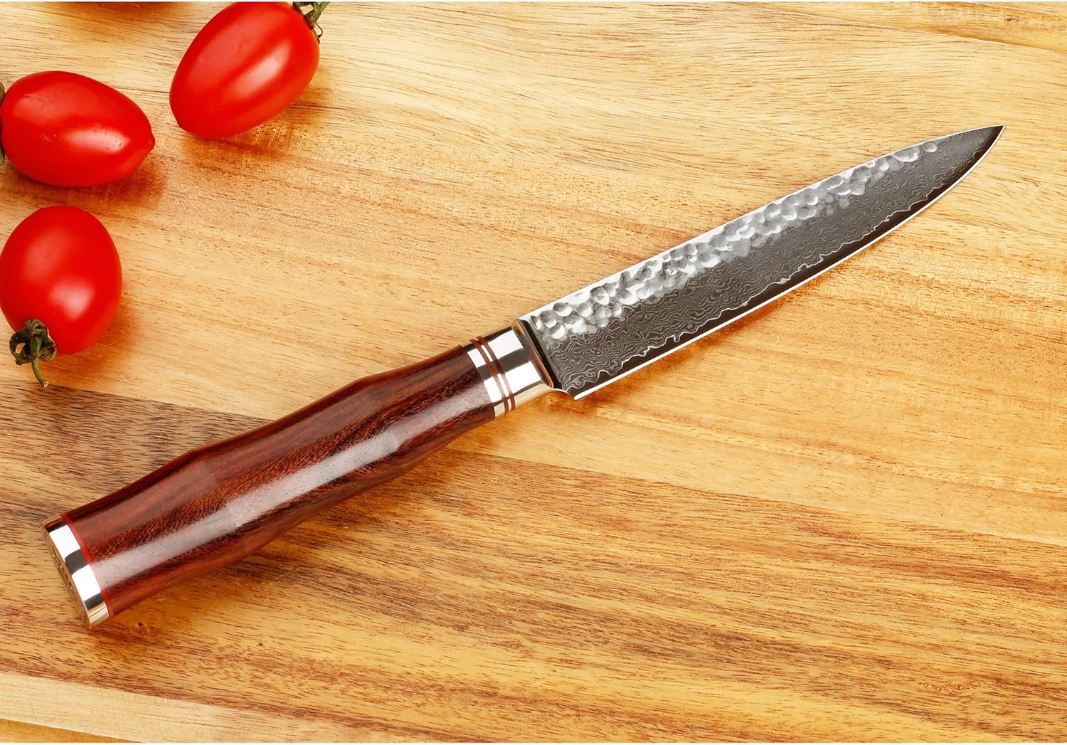SUNLONG Utility Knife 5 inch - Japanese Hammered Damascus Steel Blade - Natural Rosewood Handle