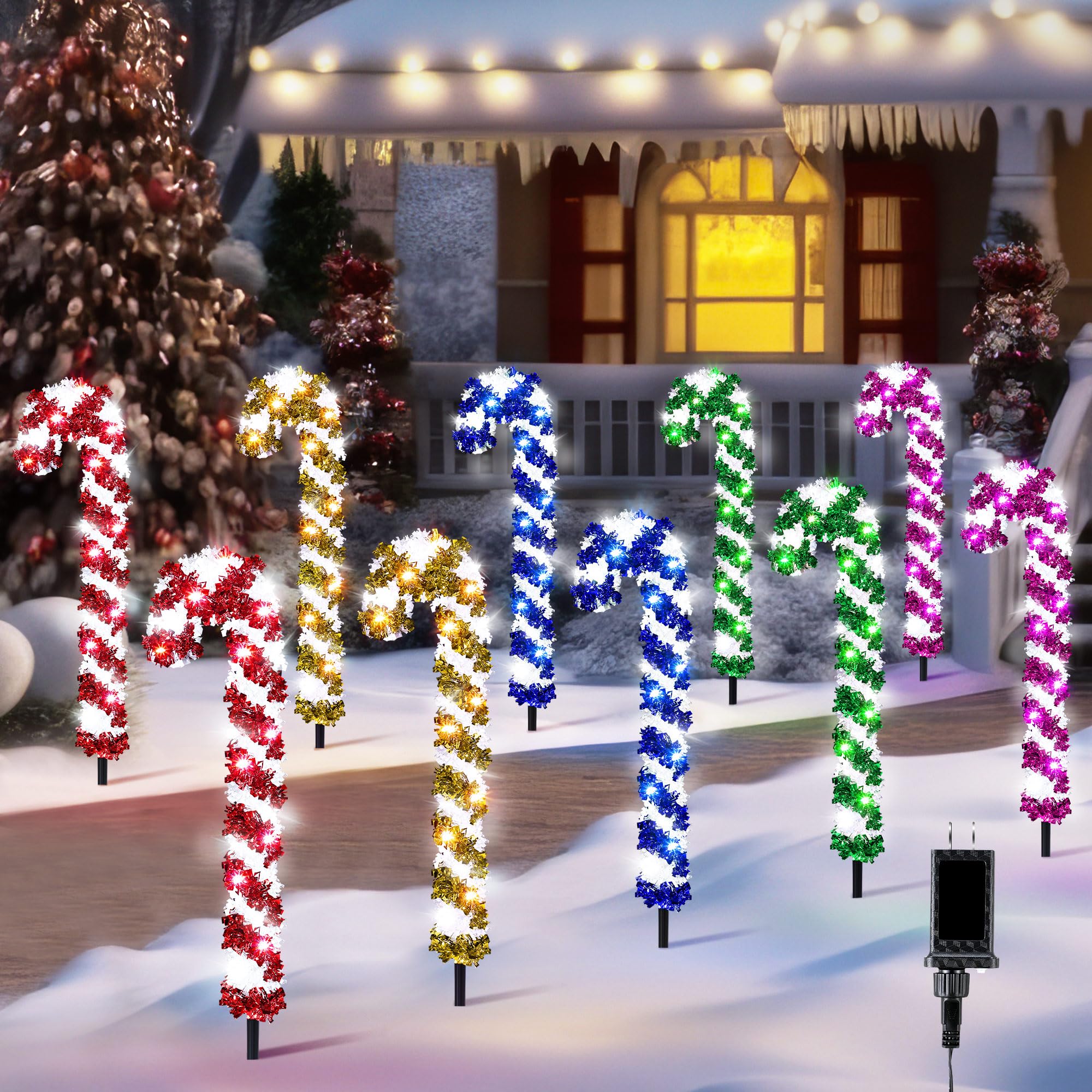 Enhon 10 Pack Christmas Candy Cane Lights with Stakes, Tinsel Christmas Candy Cane Pathway Markers Lights with 8 Modes & Timer for Xmas Walkway Yard Lawn Outdoor Decorations(Multicolor)