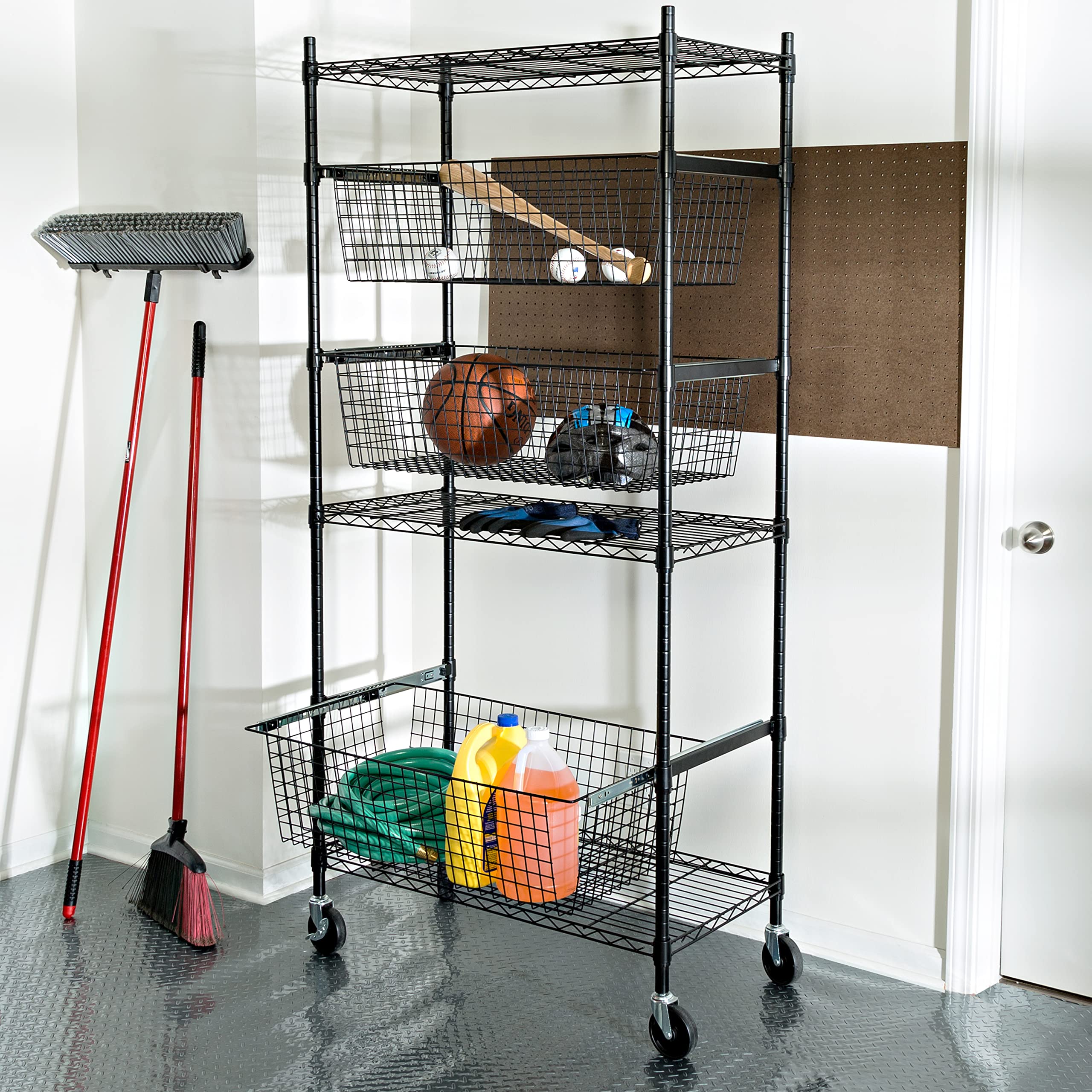 Estantería de Almacenamiento Ajustable de 3 estantes, Resistente (200 Libras por Estante), Organizador de Acero con 3 cestas extraíbles (40 Libras por Cesta), Negro, 35.6 Pulgadas de Largo x 17.9