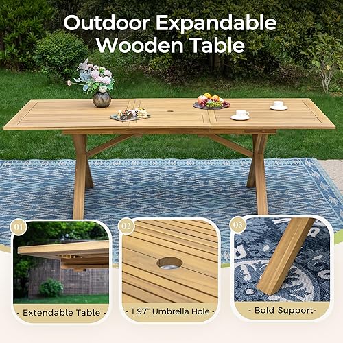 Miniatura 3 de Juego de comedor de madera de acacia para exteriores, juego de mesa de comedor y sillas de patio de 7 piezas, mesa de comedor expandible (agujero de