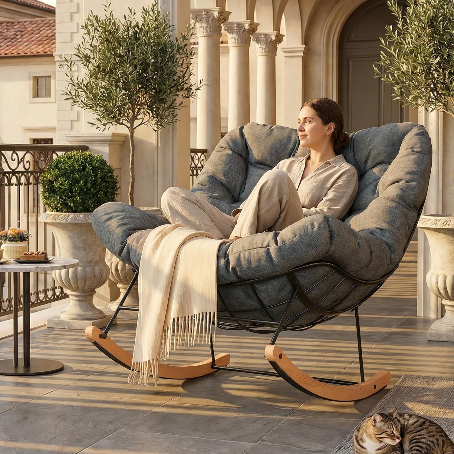 FLEXISPOT Oversized Papasan Rocking Chair with Thick Cushioned Seat & Bonus Throw Pillow Modern Patio Rocker Lounge Chair with Metal Frame & Wood Base Accent Chair for Porch Balcony Living Room Grey