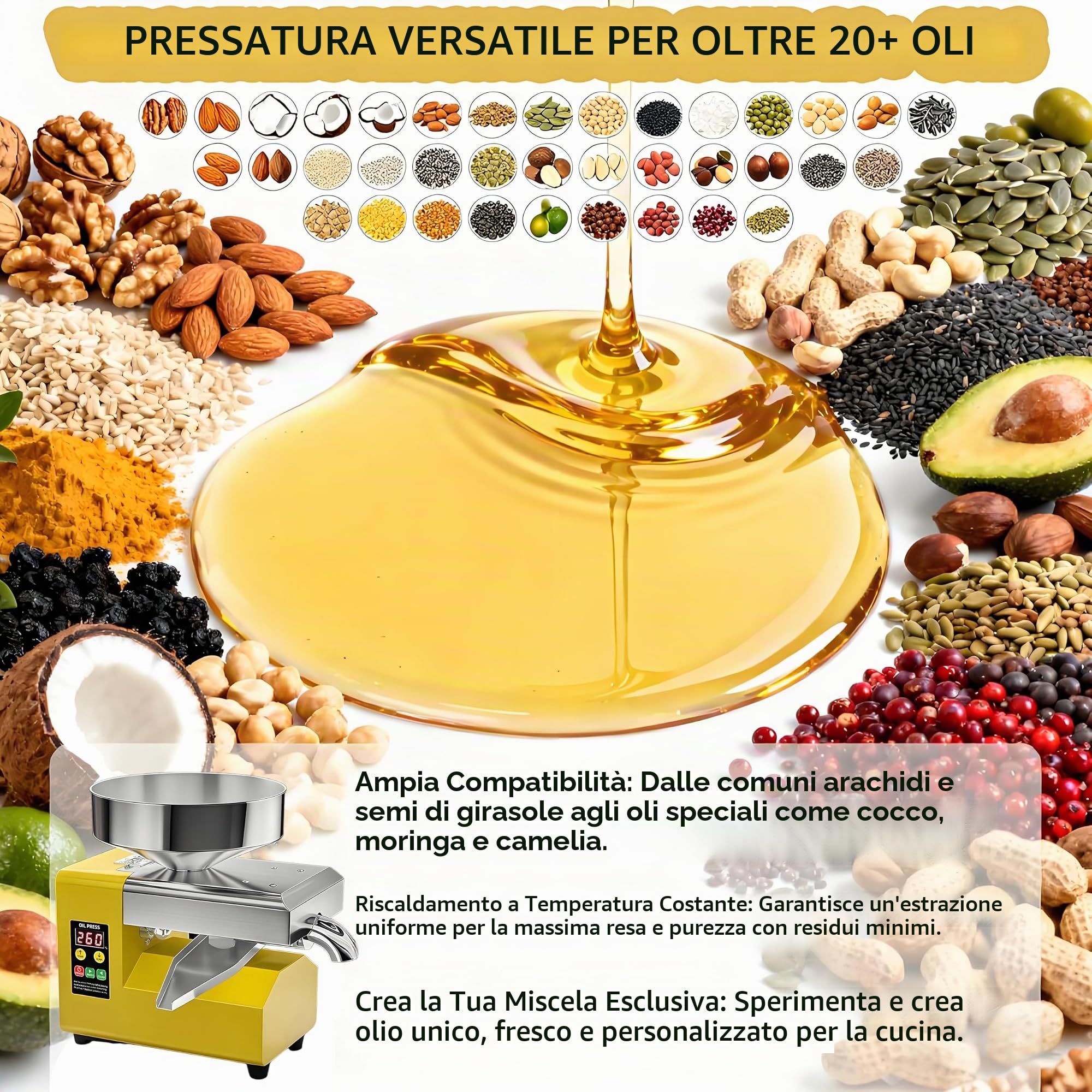 Pressa per Olio Automatica 1500W | Spremi Olive a Freddo e a Caldo 200N·M | Macchina per Olio Automatica in Acciaio Inox, 5–9kg/h, per Casa e Uso Professionale