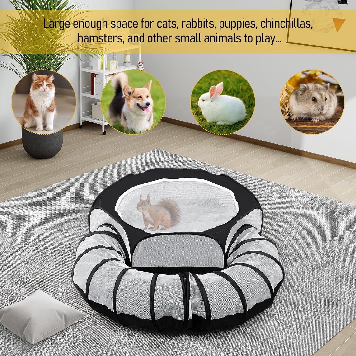 Small Animal Playpen with Surround Tunnel,Waterproof Guinea Pig Cage Breathable Rabbit Cage with Top Cover Pop Open Ferret Toys Hamster Playpen for Chicken Cat Dog Indoor Outdoor Exercise