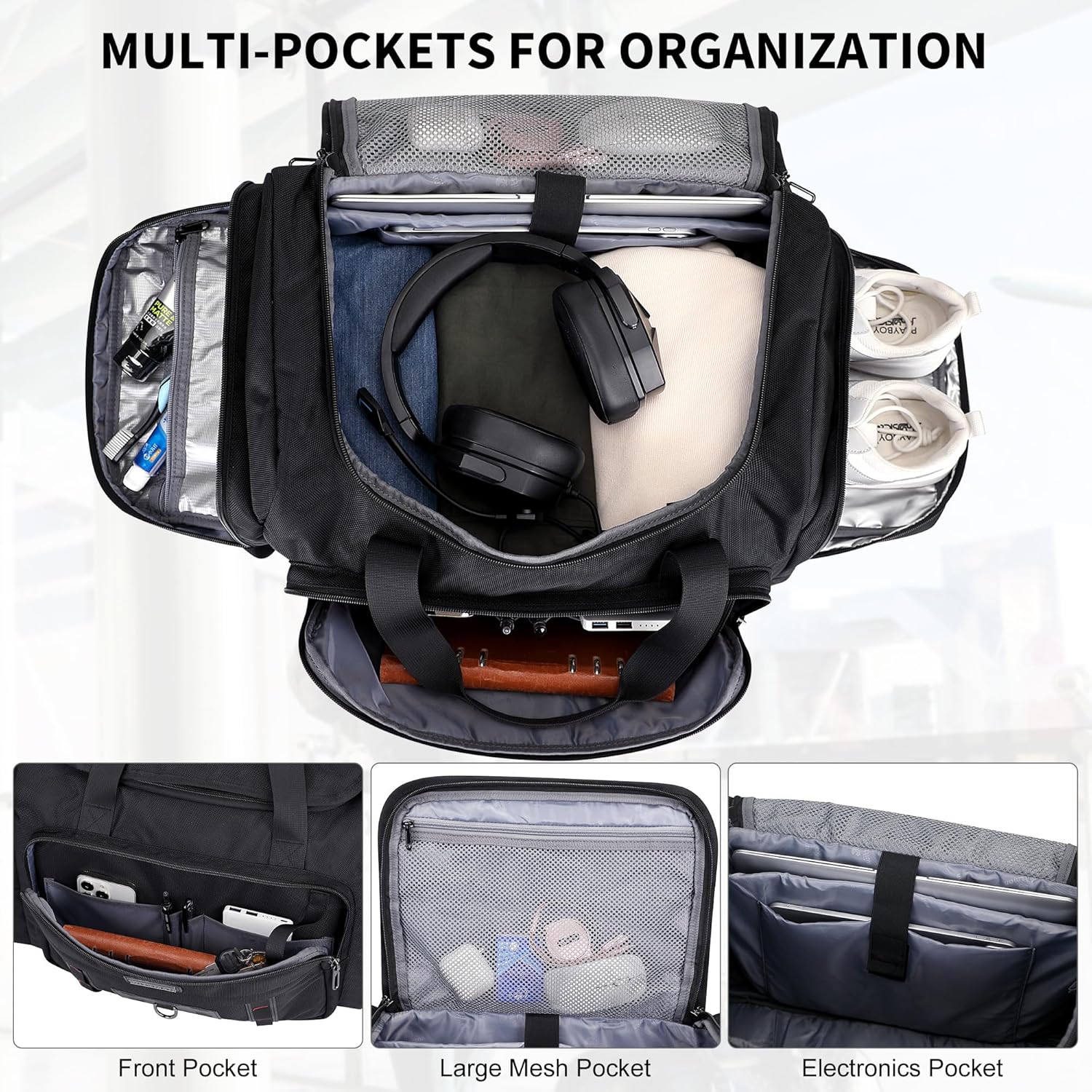 WITZMAN Duffle Bag for Men Large Overnight Carry On Weekender Bag with Shoe Compartment Sports Gym Duffle Bags for Traveling(B719 Black) - Image 3