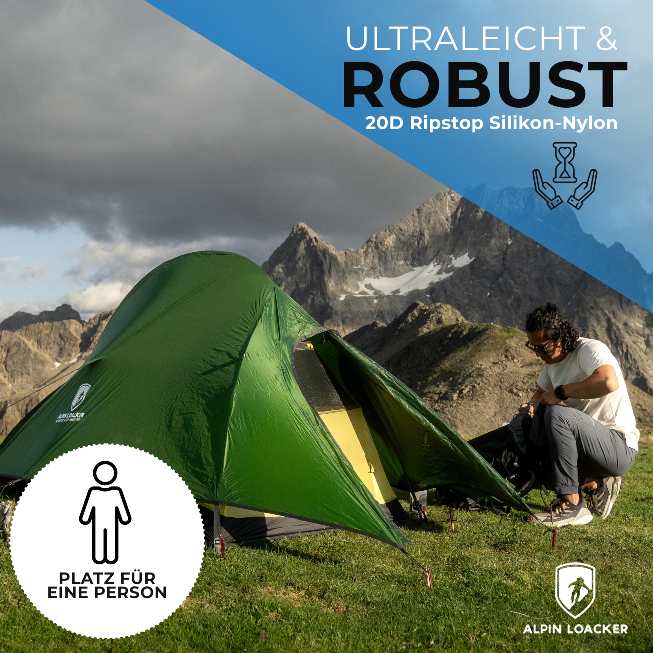 ALPIN LOACKER Cloud Pro Up Zwei Personen und EIN Personen Zelt Ultraleicht I Zweimannzelt und Einmannzelt I Leichtes Trekkingzelt I Bikepacking Kuppelzelt