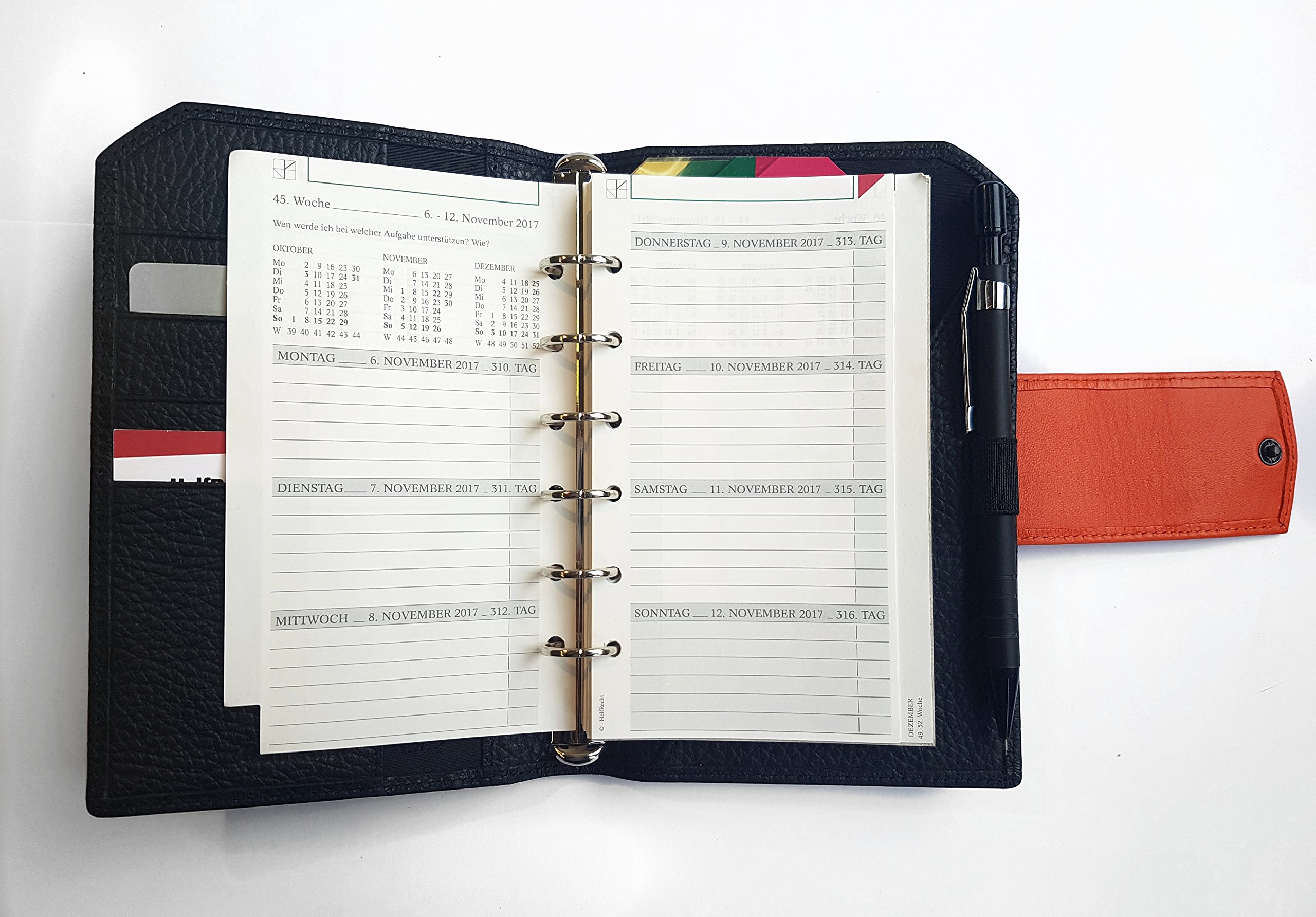 Terminplaner HelfRecht Ringbuch "Classic L" aus Leder/Wochenplaner / - Dez. 2023 - schwarz, Lasche orange