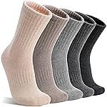 MOGGEI Womens Merino Wool Socks for Hiking Winter Warm Thick Thermal Crew Cozy Cabin Ladies Stocking Stuffers Gift Comfy Boot Work Socks 5 Pairs(Beige/Light Coffee/Grey/Dark Grey/Black(5 Pairs))