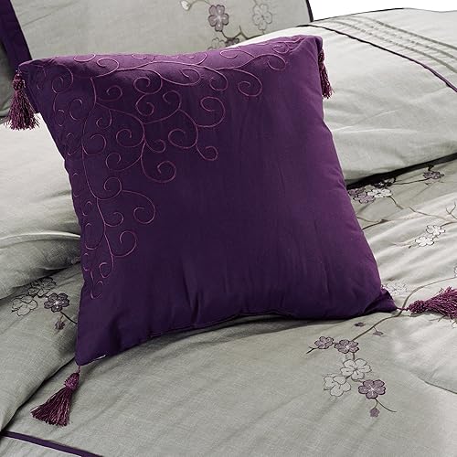 Miniatura 5 de Chezmoi Collection Miki - Juego de edredón de lujo con bordado de flor de cerezo morado y gris, 7 piezas, tamaño Queen