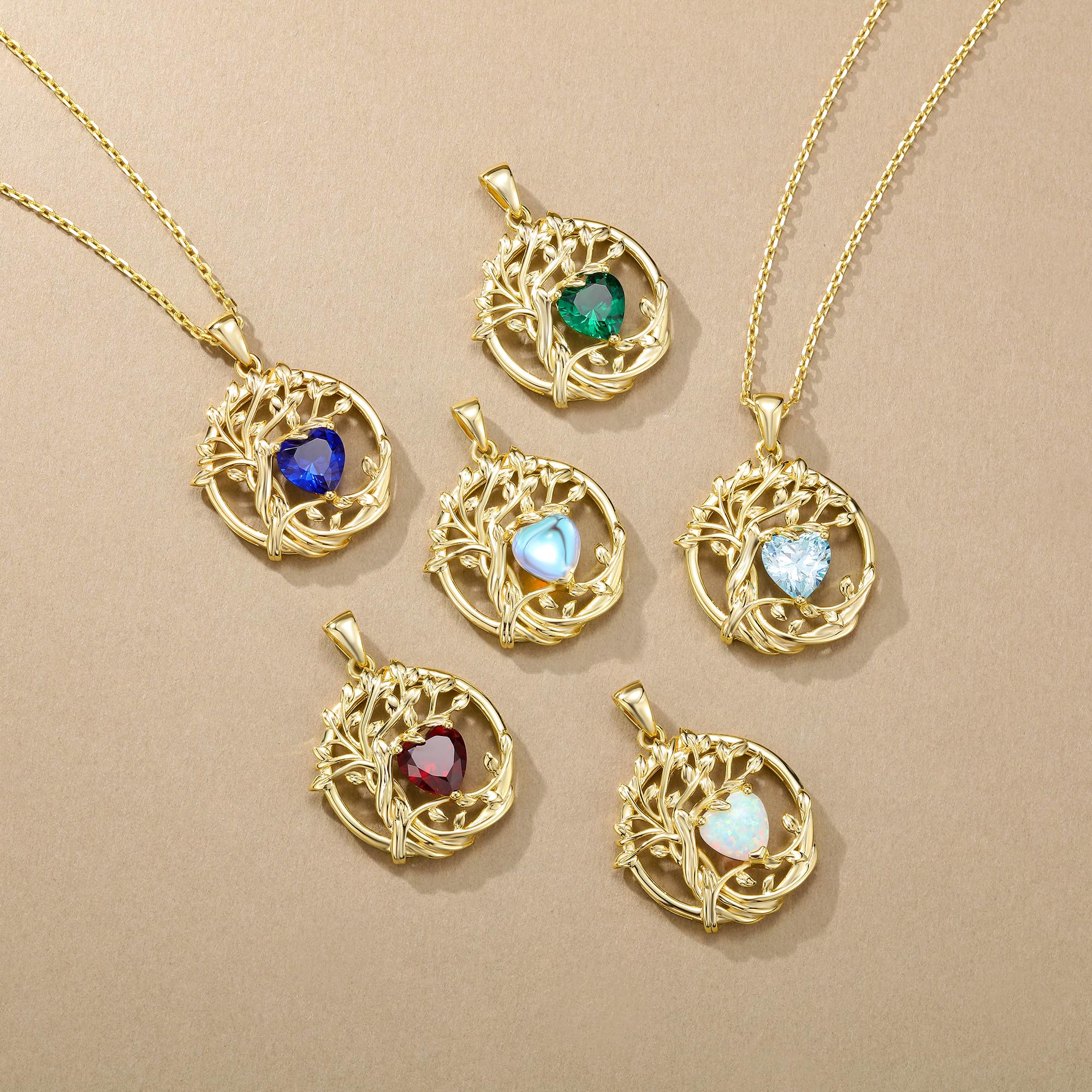 FANCIME Lebensbaum Geburtstein Kette für Damen Gelbgold Vergoldet Baum des Lebens Edelstein Anhänger Halskette Schmuck Geschenke für Damen Frauen Mädchen, Kettenlänge: 40+5 cm