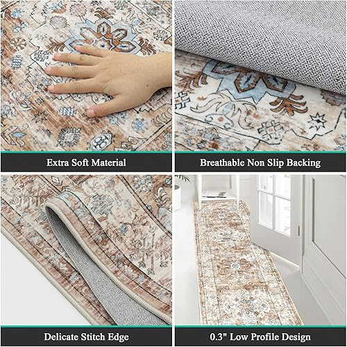 Miniatura 2 de Pauwer Tapete bohemio vintage para pasillo de 2 x 8, lavable, antideslizante, estilo rústico, para lavandería, cocina, baño, dormitorio