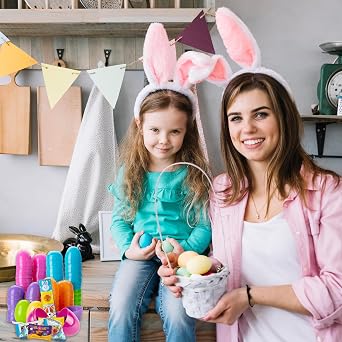 Prefilled Easter Eggs with Candy, 50 Count Bulk, Assorted Colors Plastic Eggs with Spring Themed Chocolate Candy Mix and Stickers for Egg Hunts, Goodie Bags, Basket stuffers for Kids, Girls and Boys