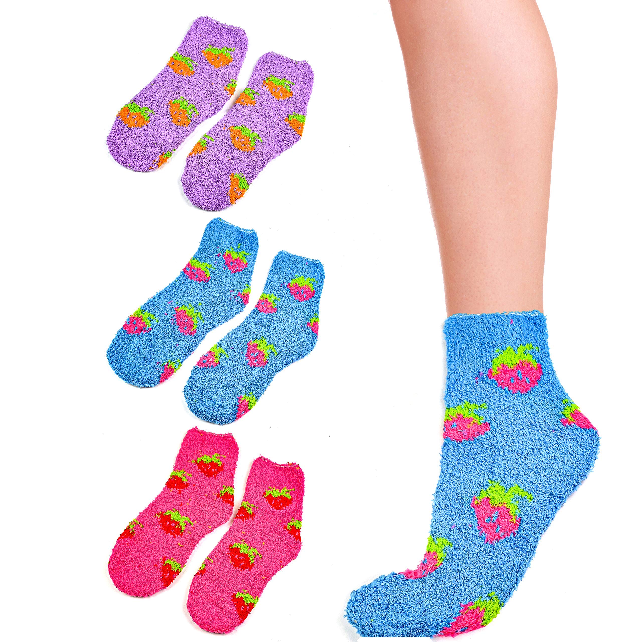 Fast way(Pack of 3) Women towel socks non slip fluffy super cute cozy comfy Socks (Multicolor print(hot pink+blue+purple), 4-8 eur 37-41)