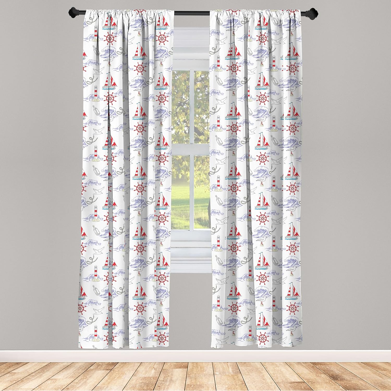 Lunarable Nautical Curtains, Boats Waves Ocean Theme Message in a Bottle Soft Tones Seagull, Window Treatments 2 Panel Set for Living Room Bedroom, Pair of - 28" x 63", Blue Vermilion