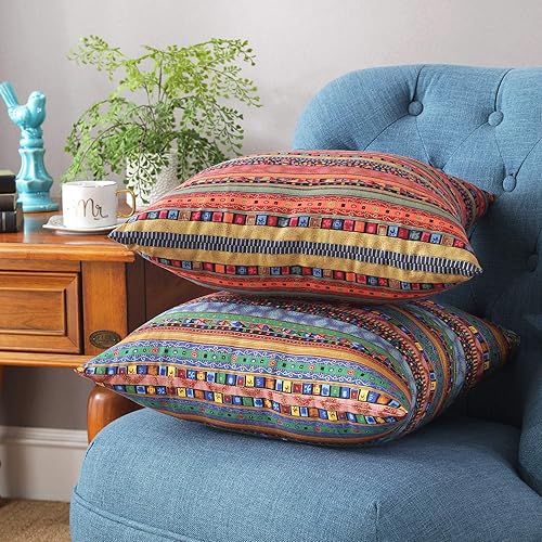 Miniatura 3 de TAOSON funda de almohadón pequeño para sofá, con forro de mezcla de algodón, estilo antiguo bohemio, a rayas de color rojo, dorado, verde y azul,