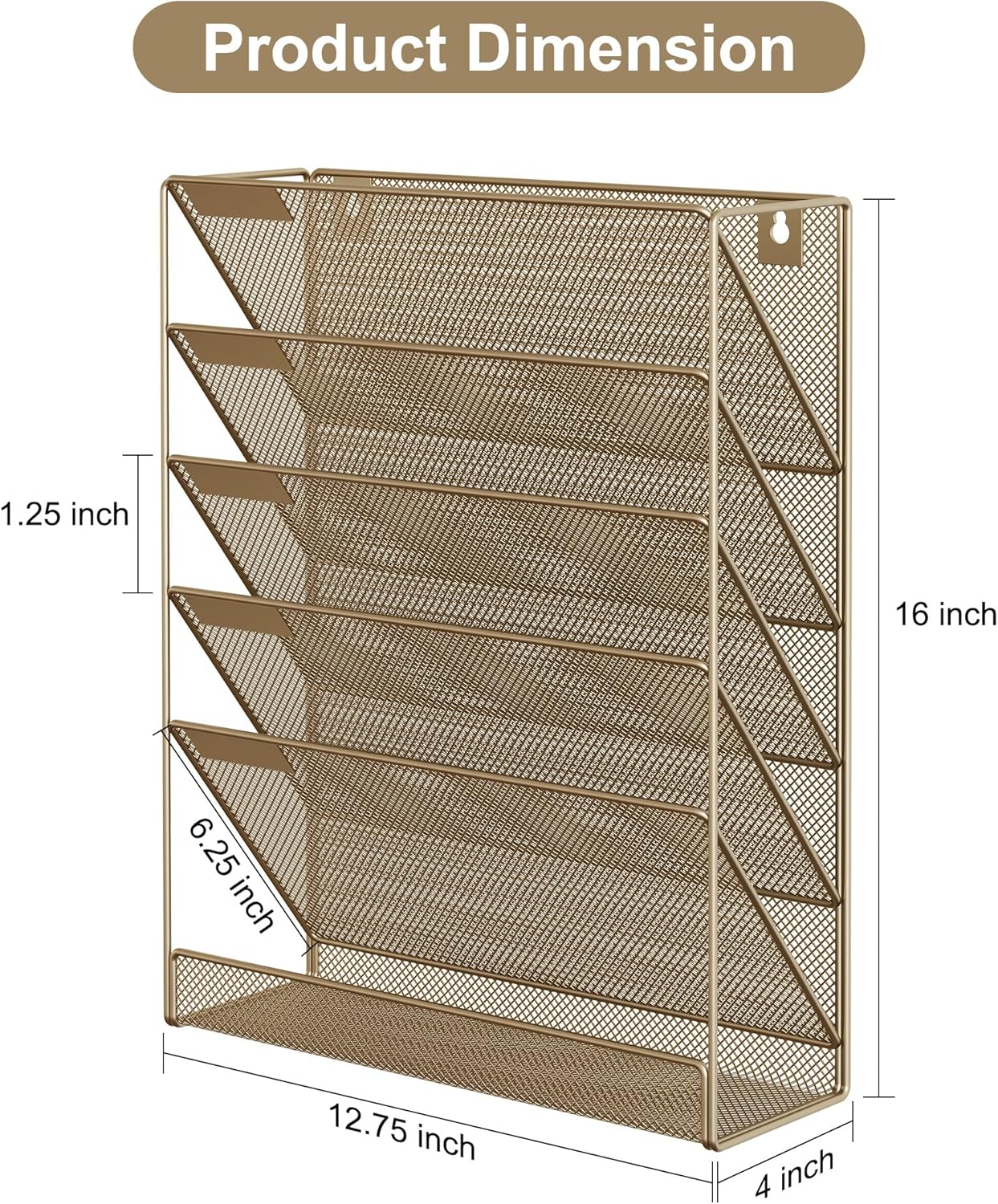 EasyPAG 5 Tier Wall File Holder, Mesh Hanging Folder Organizer with Classify Label, Versatile Desk File Holder, Vertical Wall Mounted Mail Organizer for Office Home Cubicle, Gold