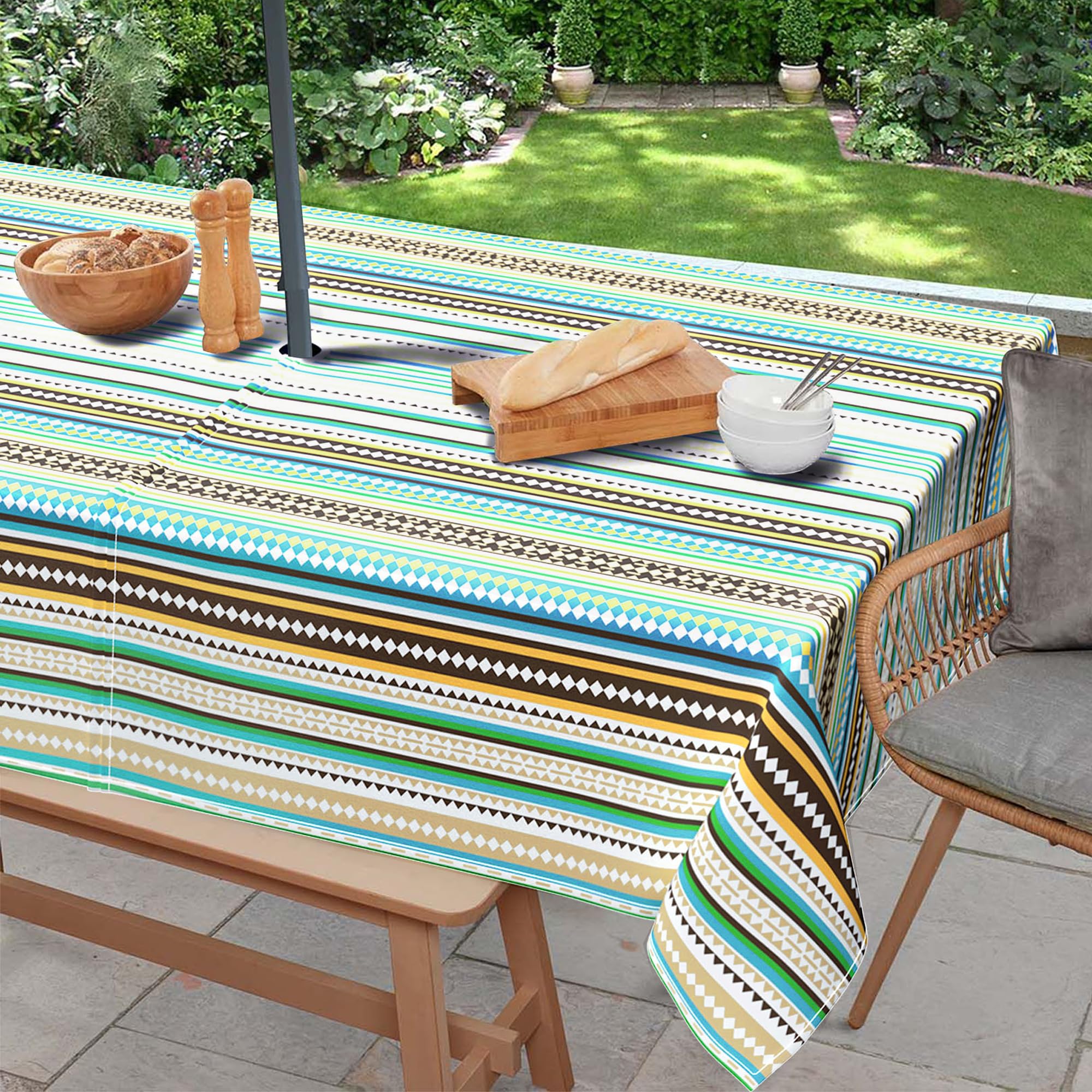 Virtumob Stripes Boho Outdoor Tablecloth With Umbrella Hole And Zipper, Rectangle Patio Table Covers For Spring/Summer, Machine Washable Outdoor Picnic Table Cloth (Stripes, 60" × 84" Rectangular)
