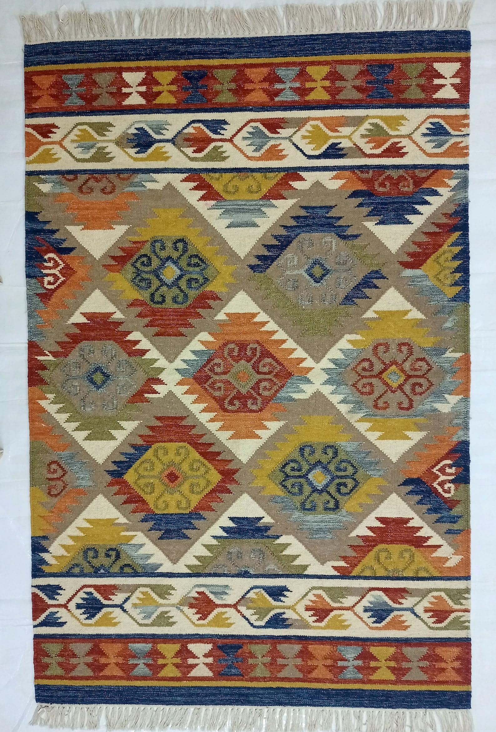 Handwoven Geometric Wool Kilim Rug Traditional Tribal Design Carpet Boho Flatweave Area Rug Multicolor Decorative Dhurrie for Living