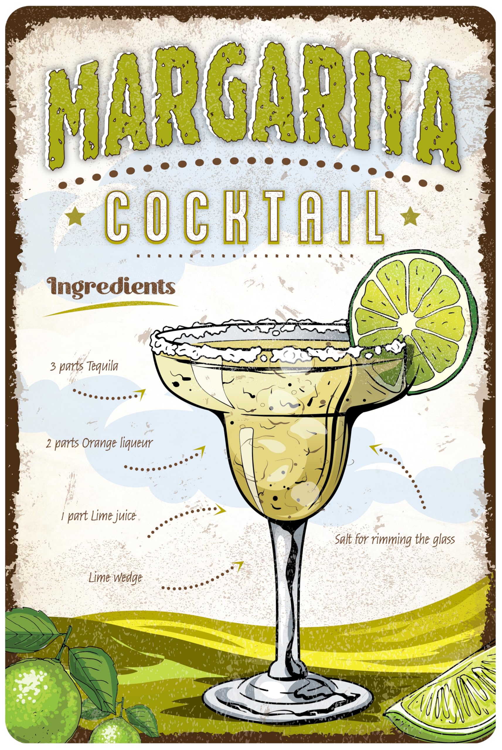 Dodino Retro 20 X 30 Cm Tin Signs Margarita Cocktail Decorative Sign, Bar, Recipe Cocktail Sign, Gift Idea As Bar Accessory
