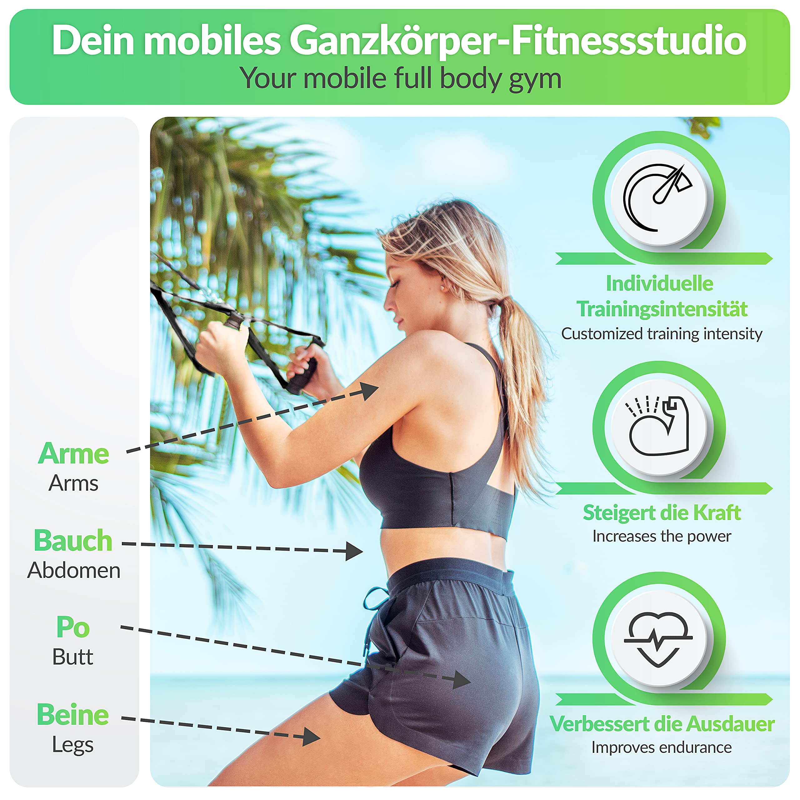 BodyCROSS Taśmy treningowe premium z pierścieniami gimnastycznymi i dodatkowymi uchwytami | Made in Germany | idealne do kalisteniki i ćwiczeń gimnastycznych | plakat z ćwiczeniami, kotwica na drzwi, pętla mocująca (do spacerów)