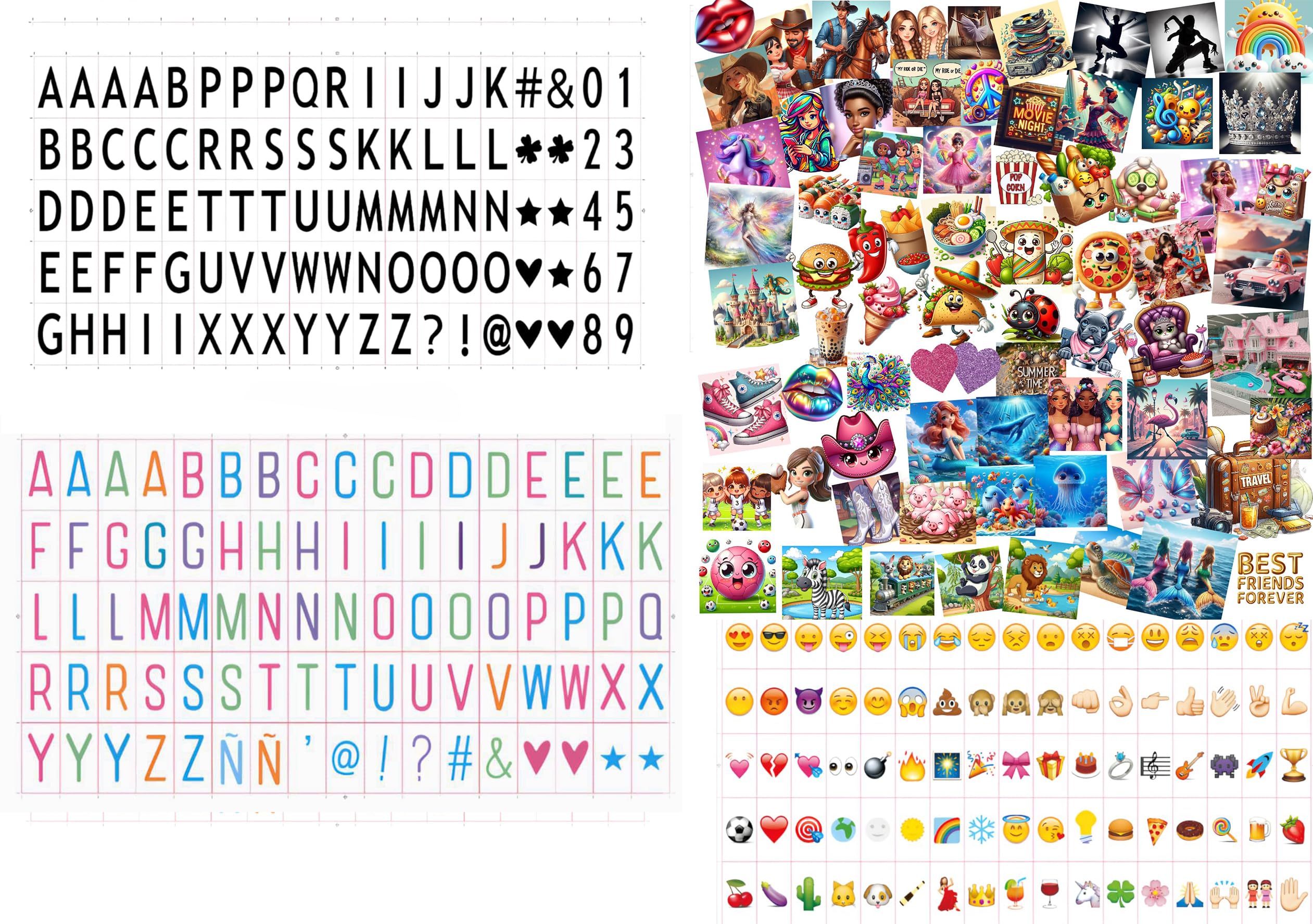 425 Emojis for A4 Cinema Box, 3D Emojis, Colored Letters, and Black Letters & Symbols.Themes: Sports, Music, Dolls, Dream House, Zoo Animals, Mermaids, sea Life, Friends, Unicorns, & so Many More.