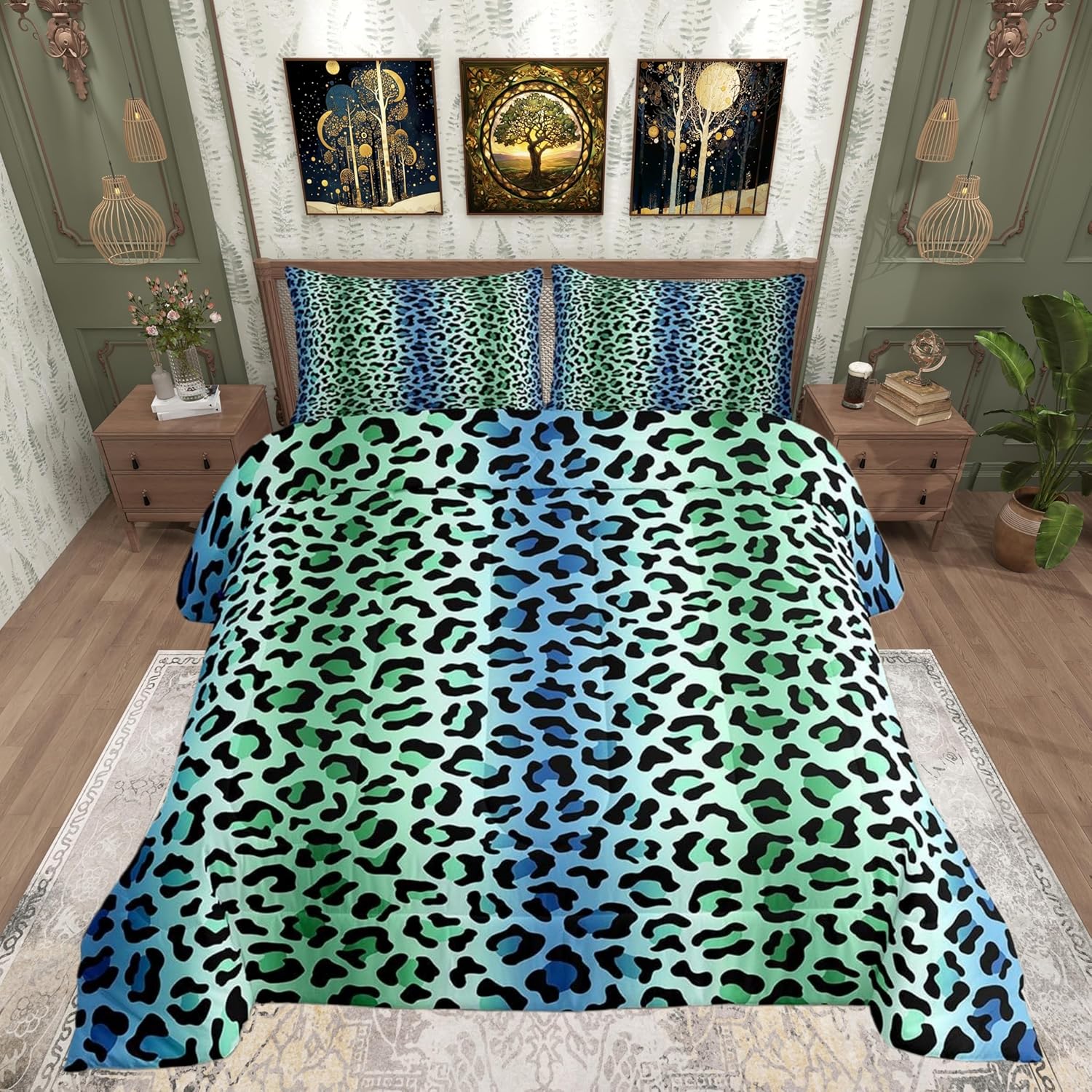 Castle Fairy Leopard 3 Pcs Queen Size Comforter Set,Safari Animal Fur Print Down Alternative Adults Bedroom Decor,Blue Green Cheetah Print Ultra Soft Microfiber Inner Fill 3Pcs Bedding