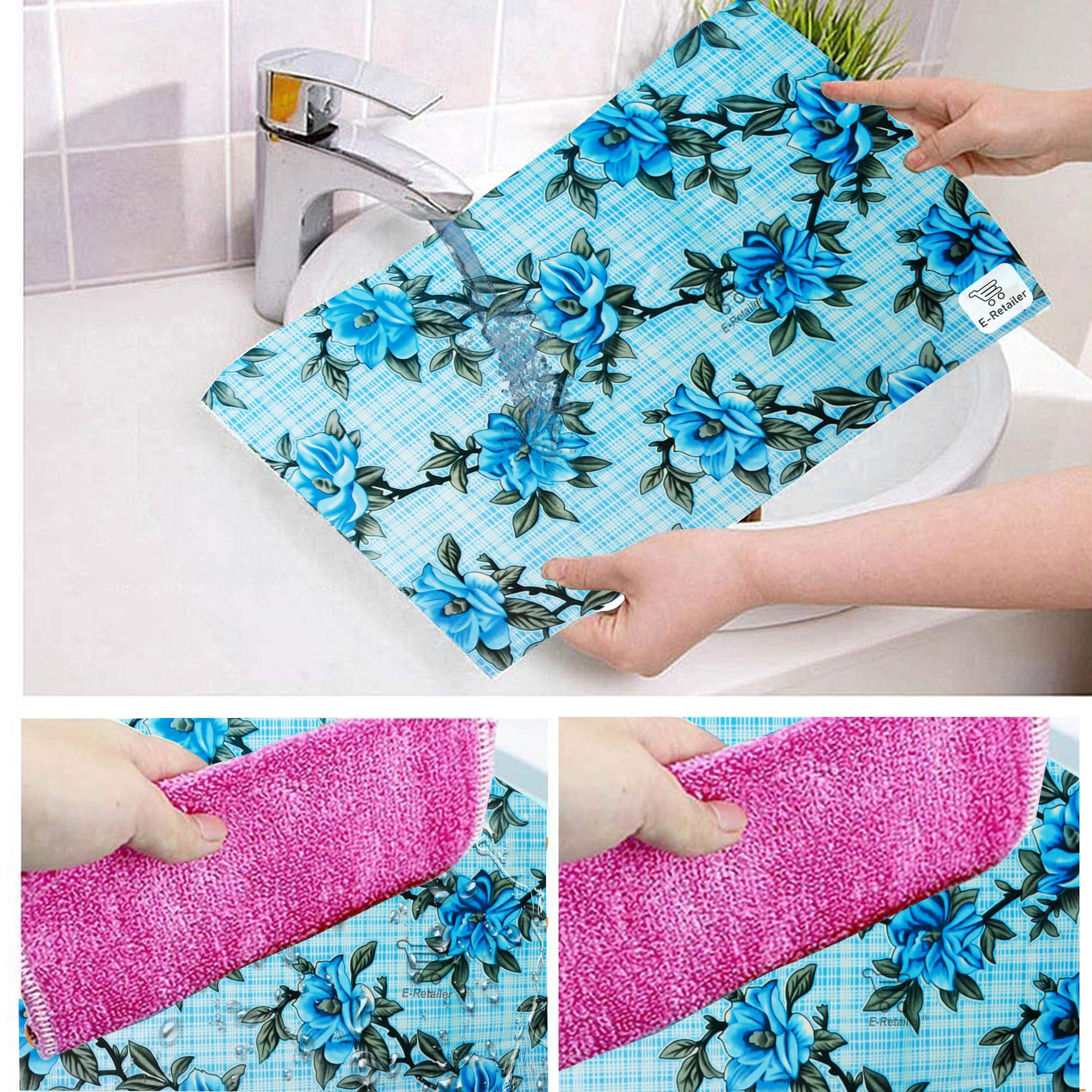 Waterproof Fridge Mats - Set of 4 Floral Blue -4